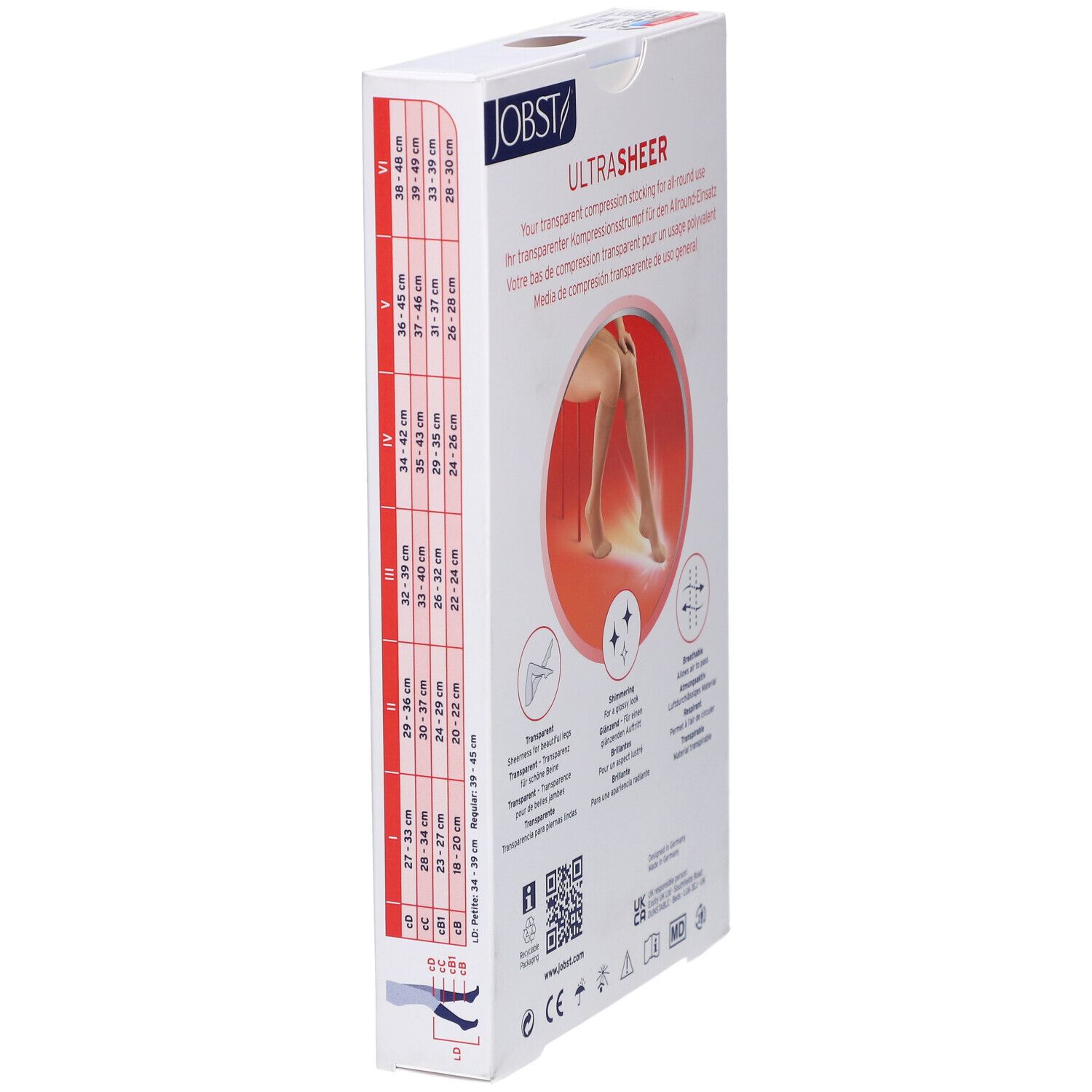 Seite der Verpackung JOBST UltraSheer Kompressions-Kniestrümpfe. Größentabelle, Zertifizierungen, QR-Code.
