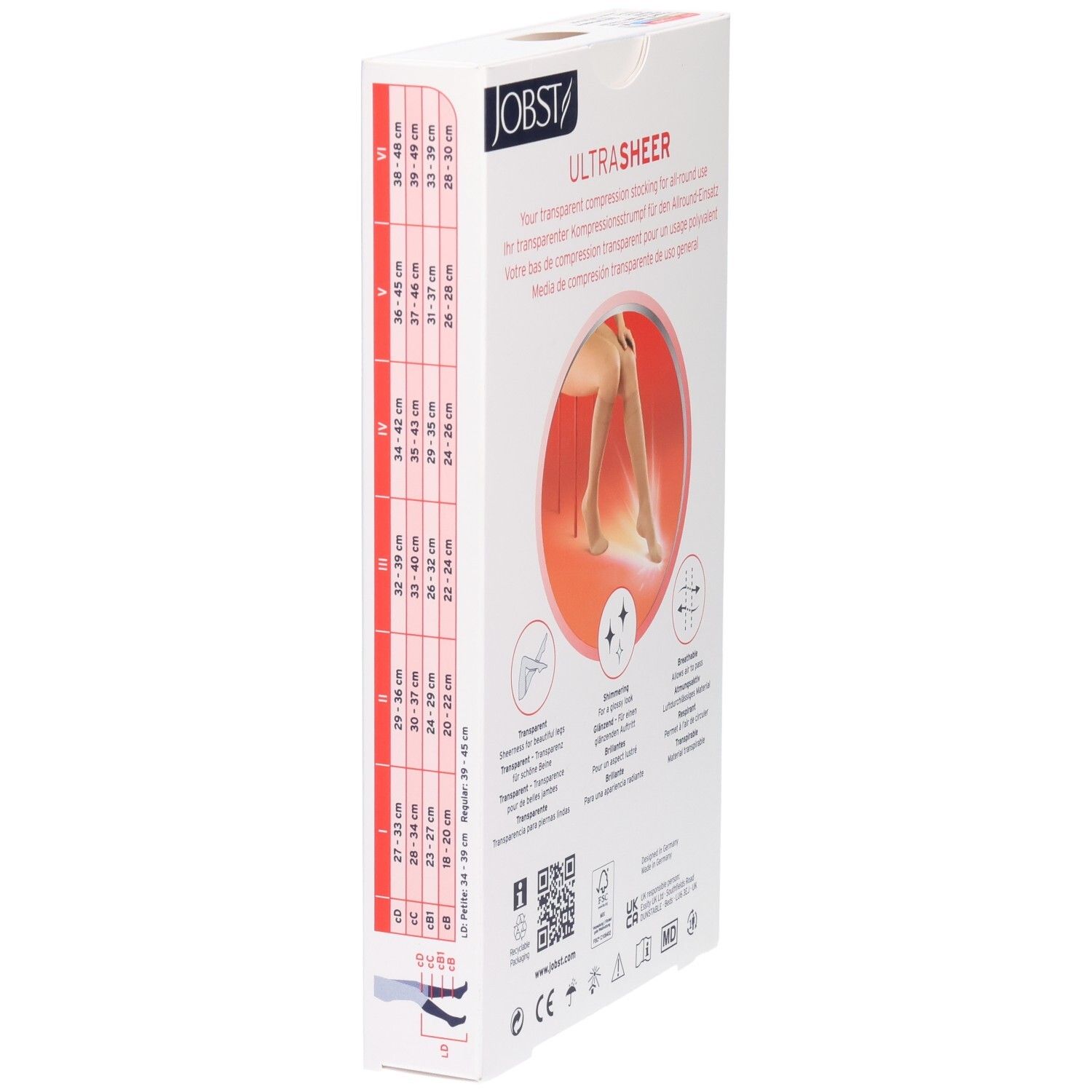 Seite der Verpackung von JOBST UltraSheer Kompressions-Kniestrümpfen. Größenangaben und Produktinformationen. Logos und Zertifizierungen.