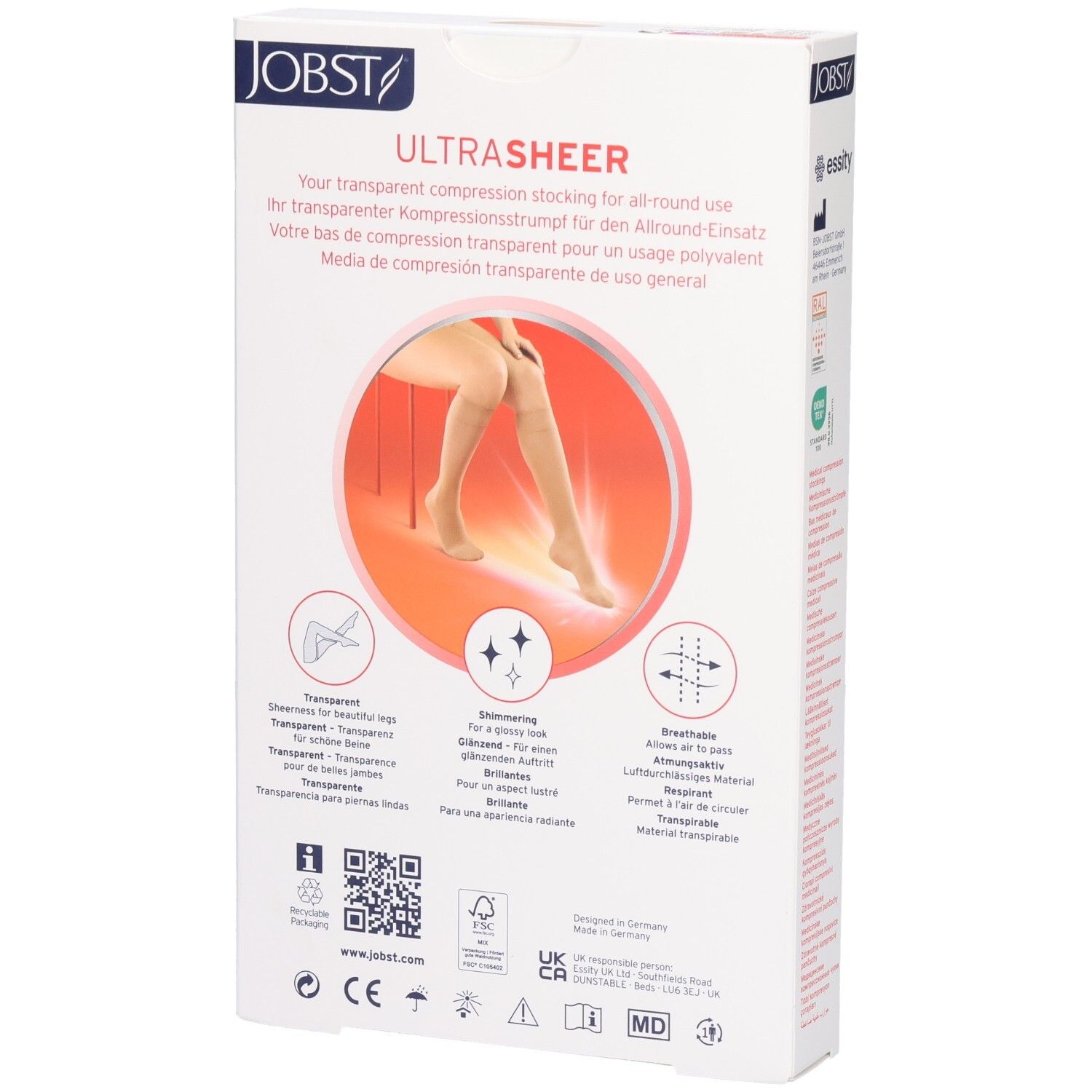 Rückseite der Verpackung der JOBST UltraSheer Kompressions-Kniestrümpfe. Text in mehreren Sprachen. Illustrationen.