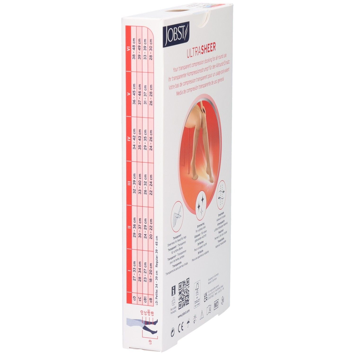 Seitenansicht der Verpackung der JOBST UltraSheer Kompressions-Kniestrümpfe. Größenangaben. Text in mehreren Sprachen.