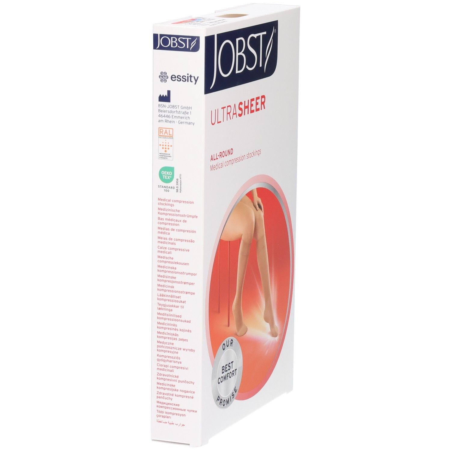 JOBST UltraSheer Kompressions-Kniestrümpfe: Seitenansicht der Verpackung mit Siegeln und Produktinformationen.