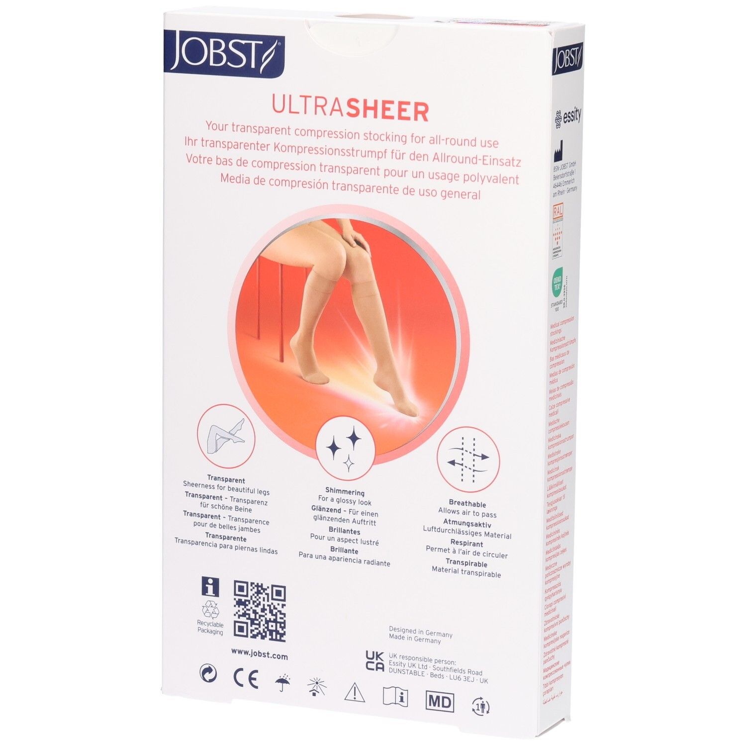 JOBST Ultrasheer Kompressions-Kniestrümpfe, beige, mit Hinweisen zu Transparenz und Atmungsaktivität.