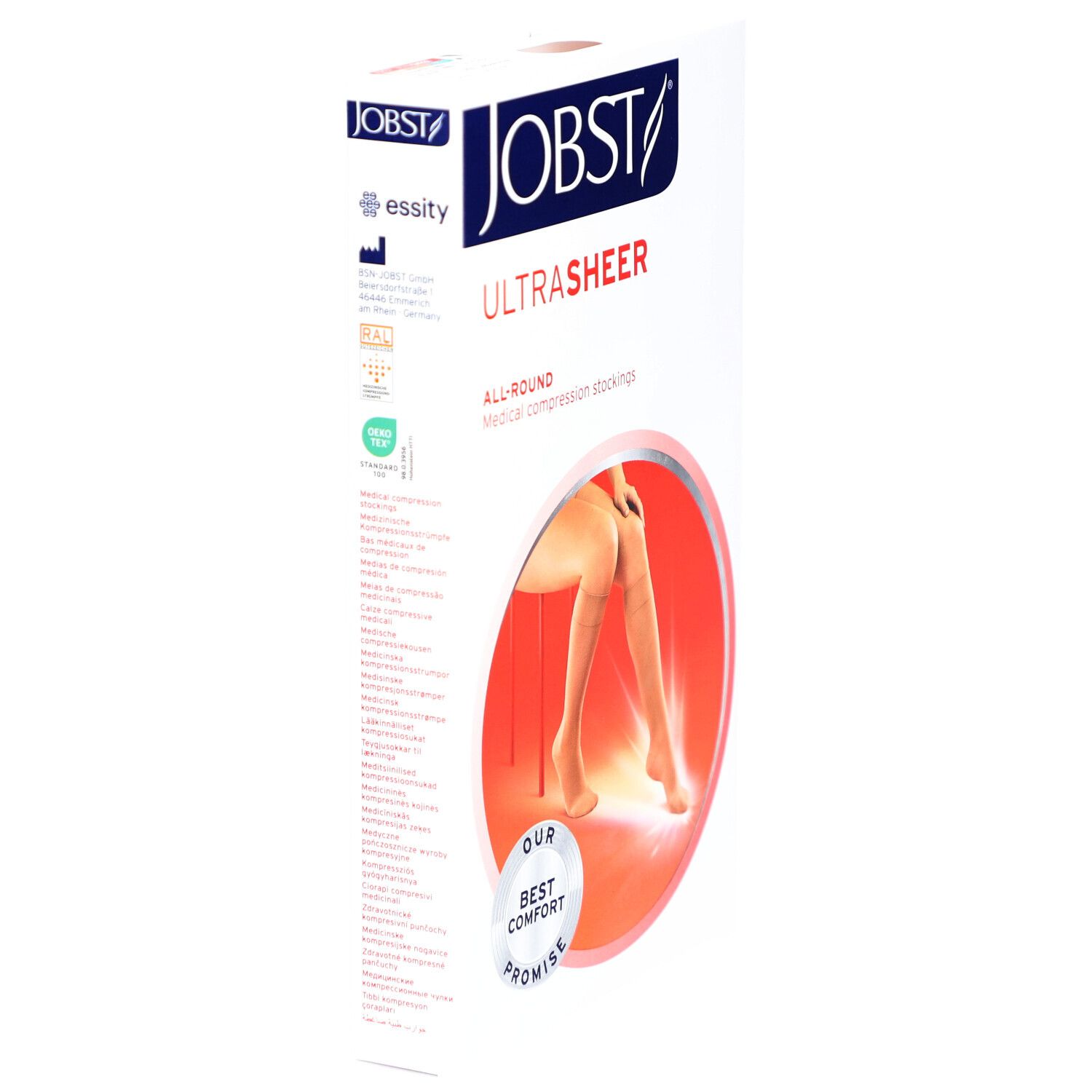 Verpackung JOBST UltraSheer Kompressions-Kniestrümpfe. Logo, Text und Abbildung eines Beines mit Strumpf in rotem Kreis.
