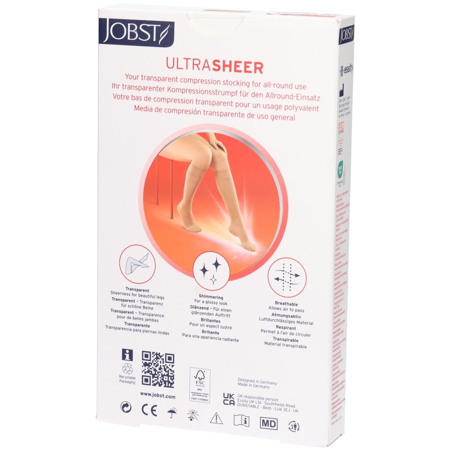 Verpackung für Jobst Ultrasheer Kompressionsstrümpfe mit Abbildung von Beinen und Produktmerkmalen wie transparent, glänzend und atmungsaktiv.