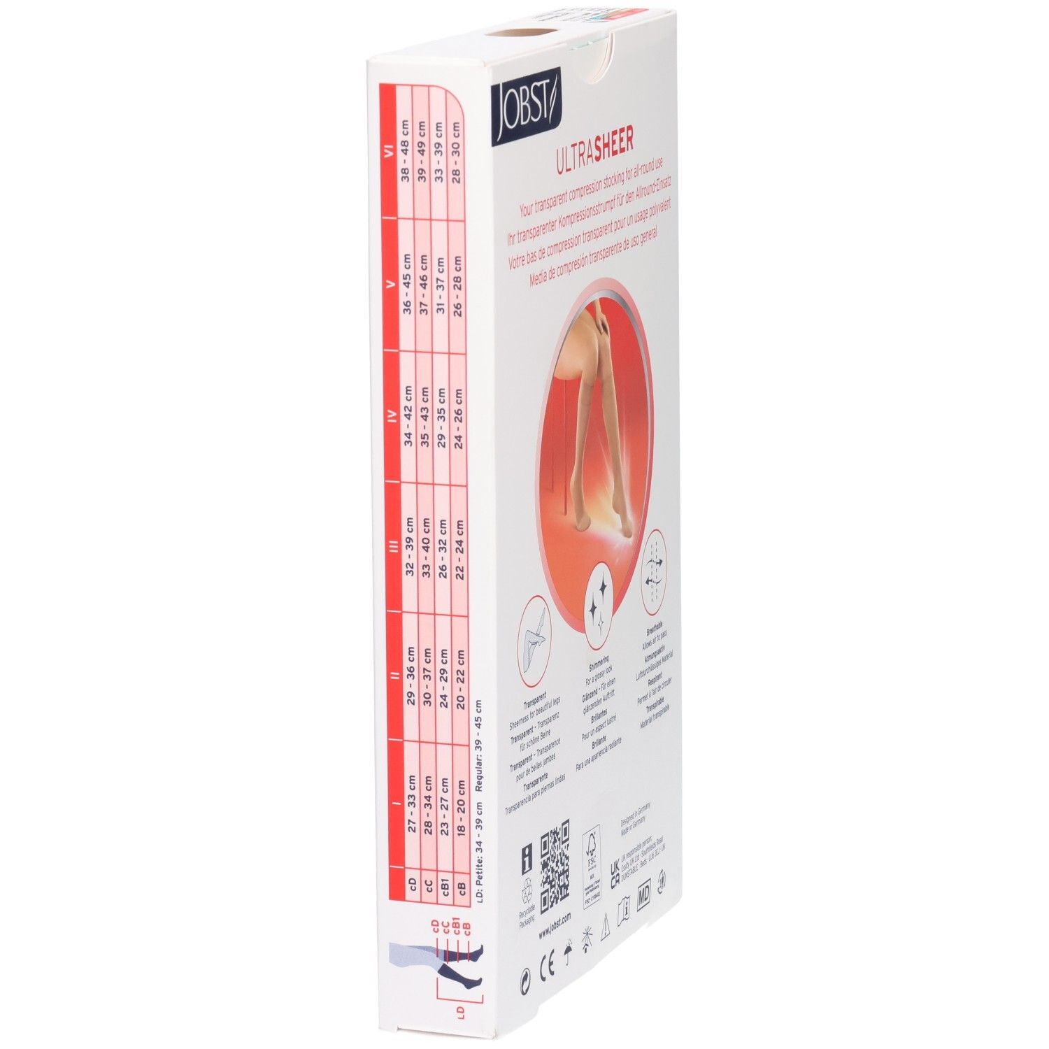 Verpackung für Jobst Ultrasheer Kompressionsstrümpfe mit Größentabelle und Produktabbildung.