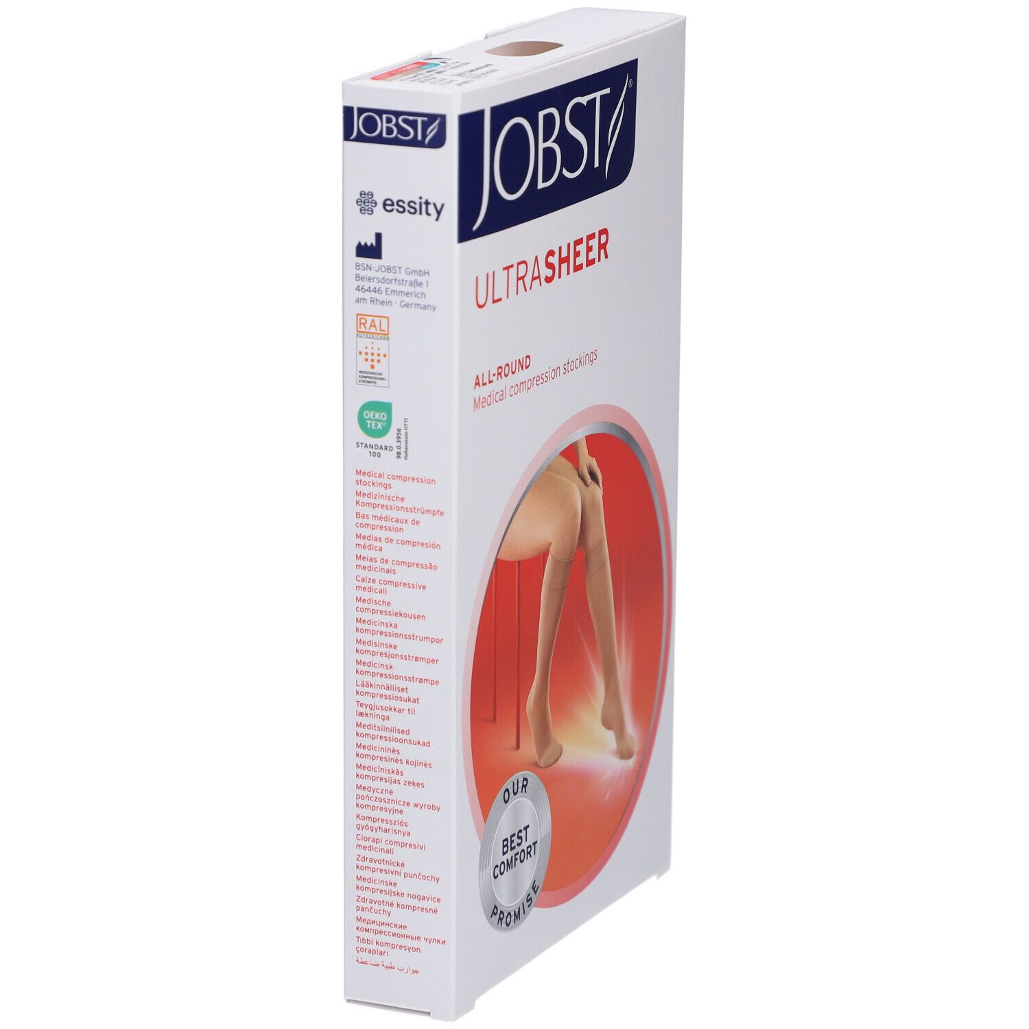 Boîte de bas de compression JOBST Ultrasheer. Inscription : All-Round, bas de compression médicale. Logo et texte. Vue latérale.