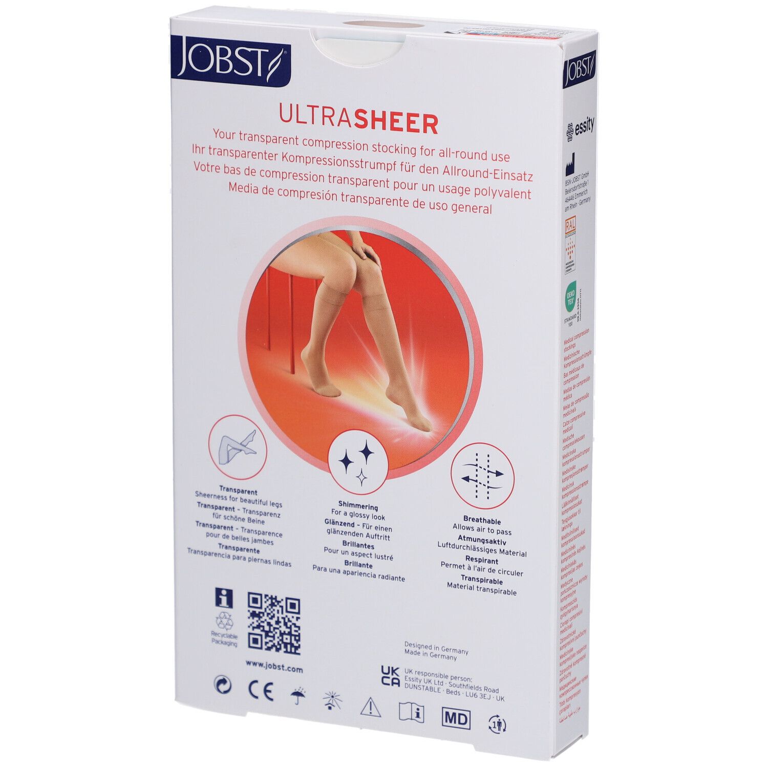 Dos de la boîte de bas de compression JOBST Ultrasheer. Texte multilingue. Illustration : jambe portant le bas. Certifications.