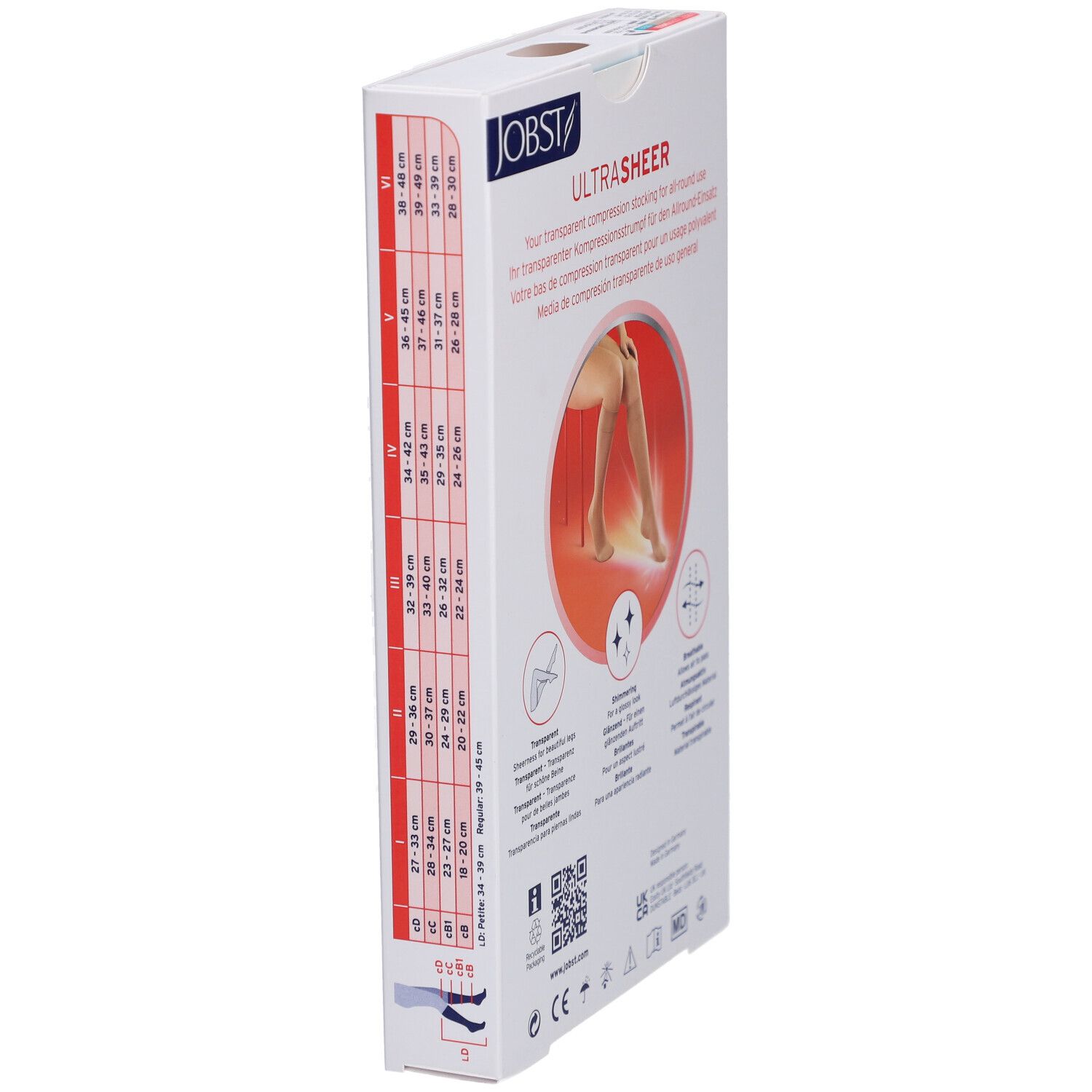 Côté de la boîte de bas de compression JOBST Ultrasheer. Tableau des tailles. Illustration : jambe portant le bas. Texte et logos.