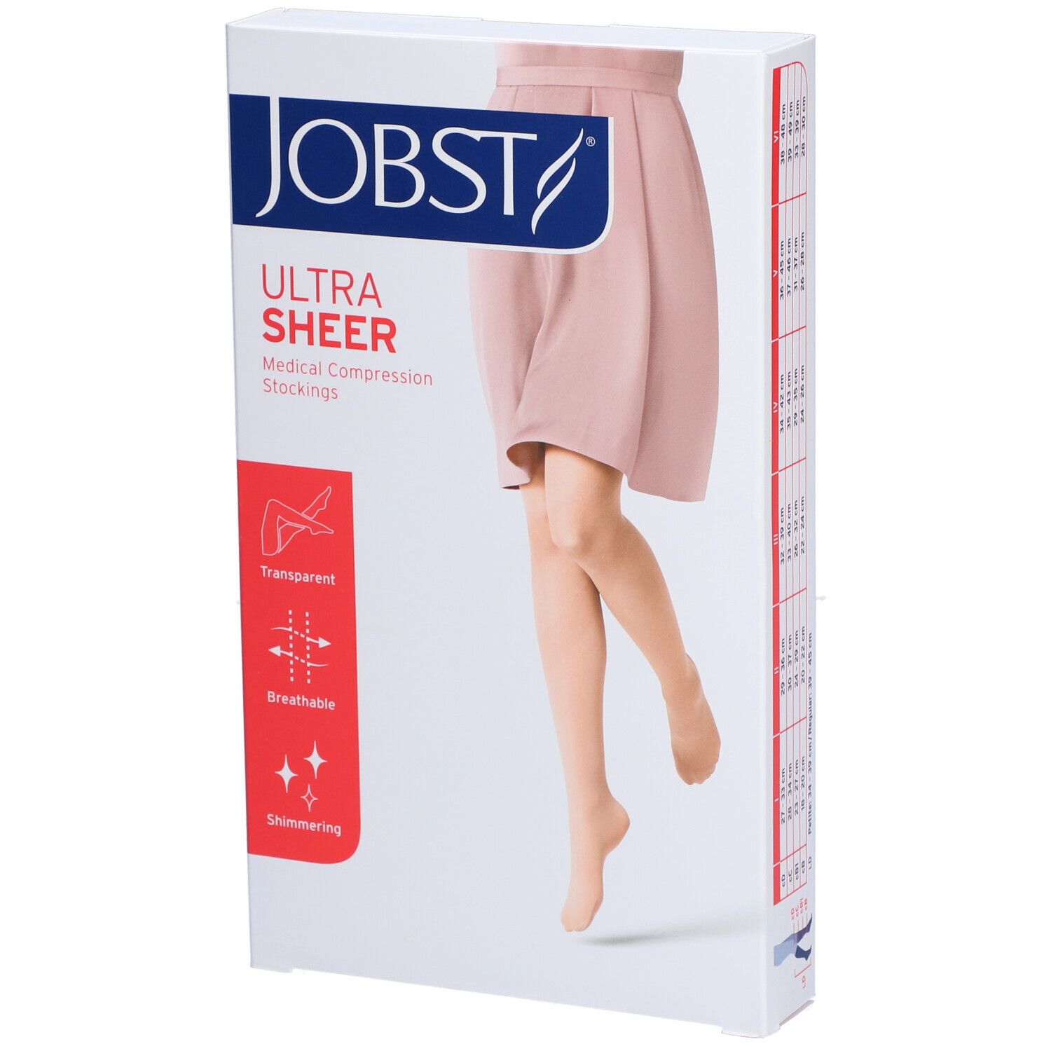 Verpackung JOBST Ultra Sheer Kompressionsstrümpfe. Transparent, atmungsaktiv, schimmernd. Abbildung eines Beines.