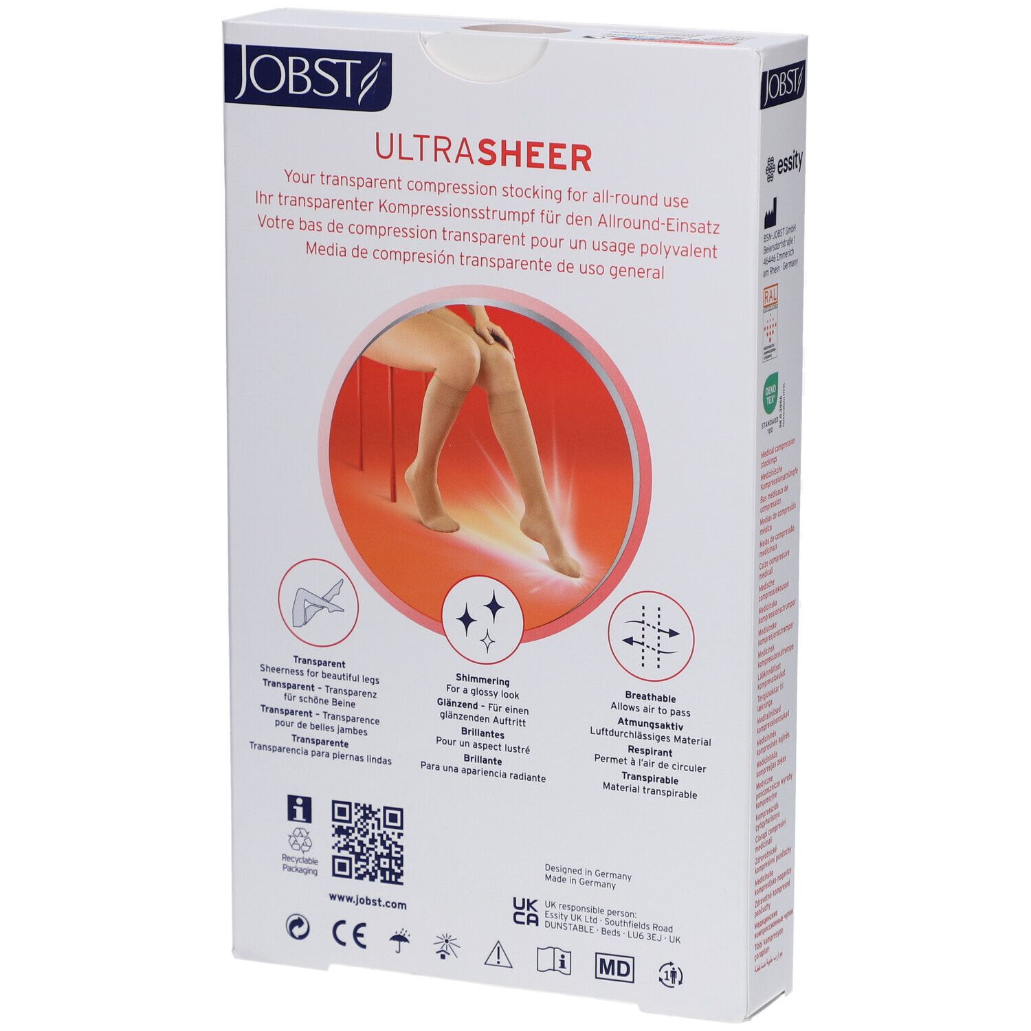 JOBST UltraSheer Kompressions-Kniestrümpfe: Rückseite der Verpackung mit Produktmerkmalen wie Transparenz und Atmungsaktivität.