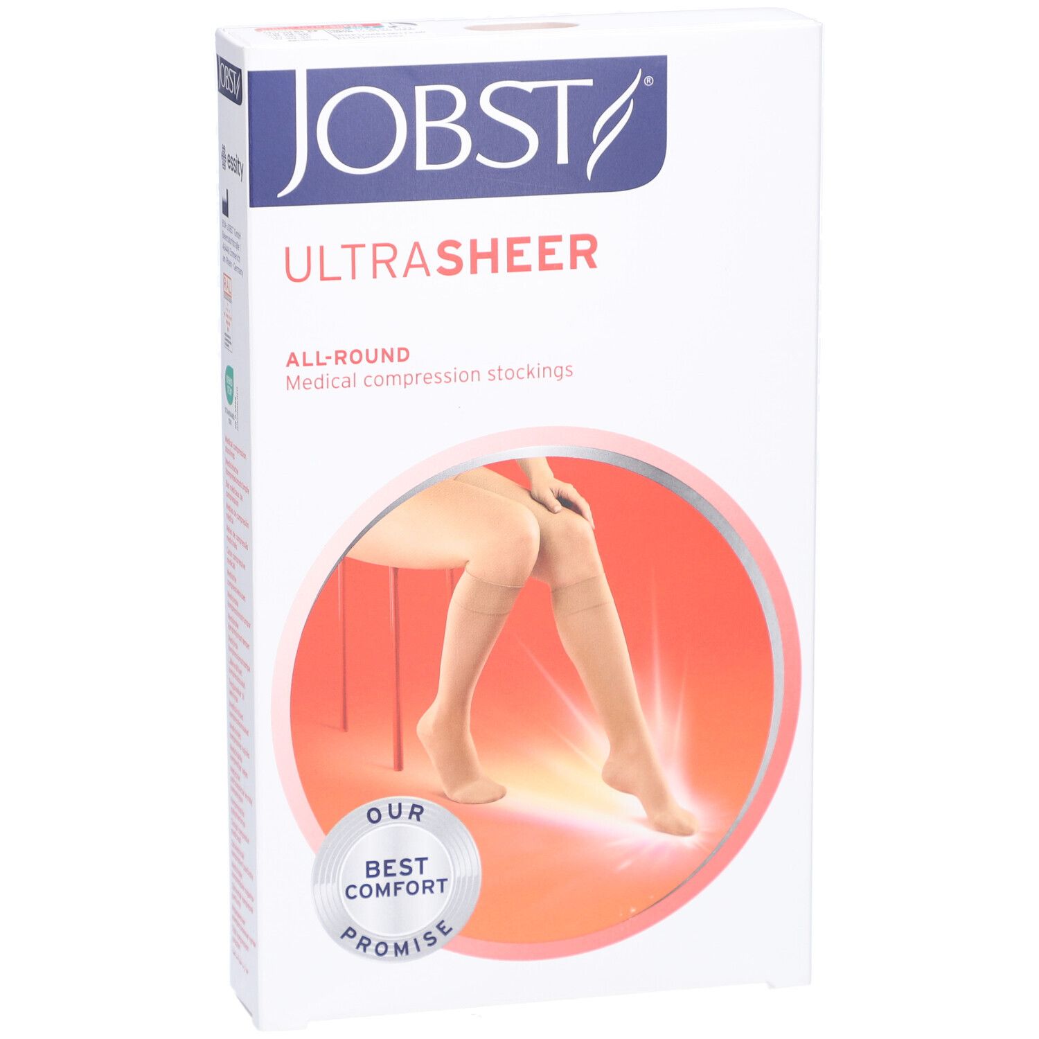 Verpackung JOBST UltraSheer Kompressions-Kniestrümpfe. Beige Strümpfe auf rotem Hintergrund. Logo und Produktname sichtbar.