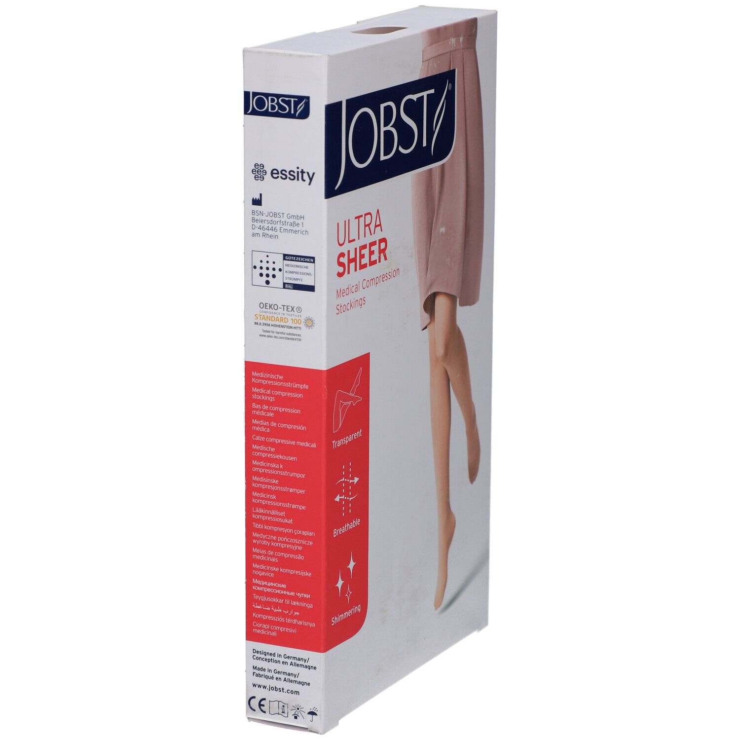 Verpackung JOBST UltraSheer Kompressions-Kniestrümpfe. Produktabbildung: Bein mit Strumpf. Oeko-Tex-Zertifizierung.