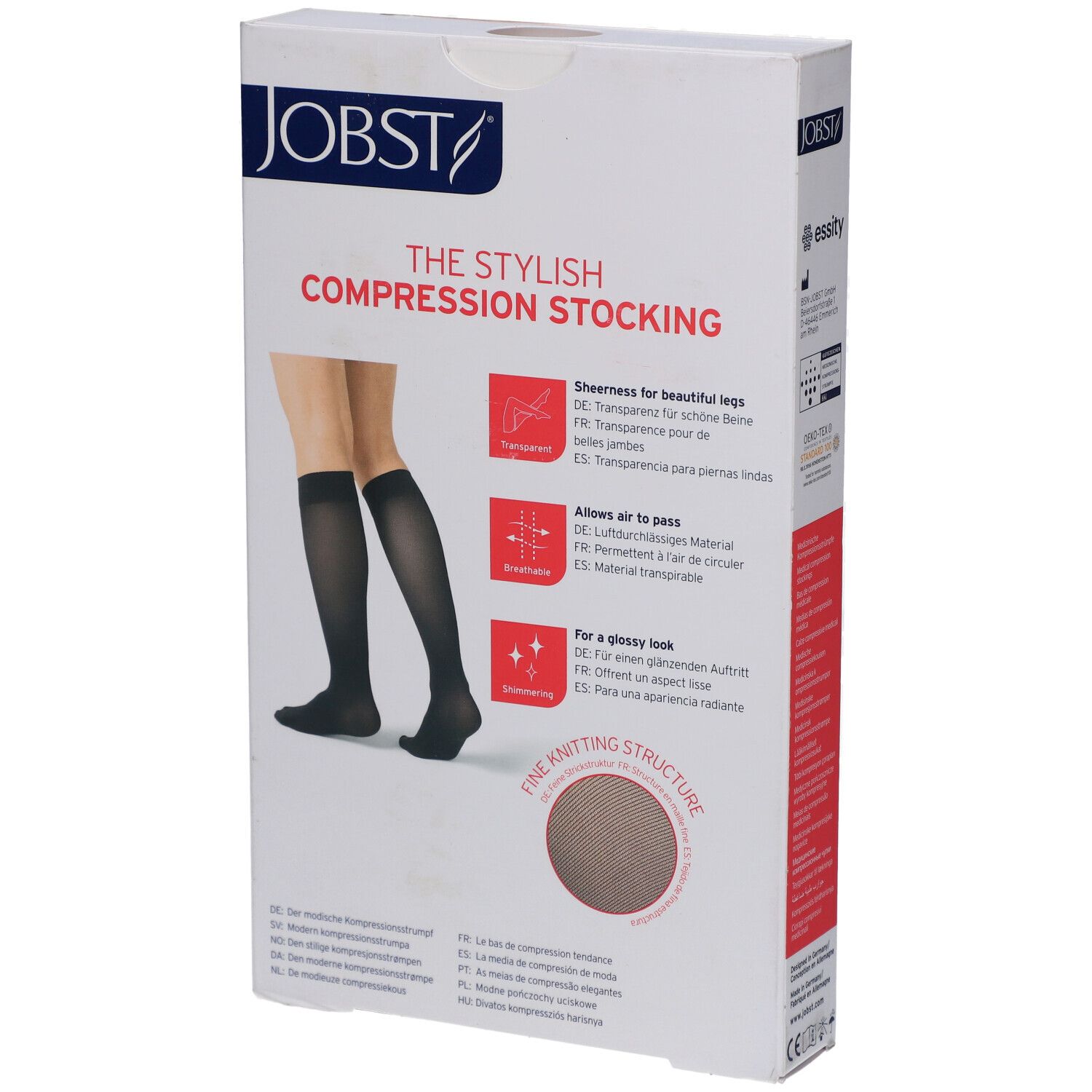 Verpackung JOBST Kompressionsstrumpf. Produktabbildung: Bein mit schwarzem Strumpf. Feine Strickstruktur.