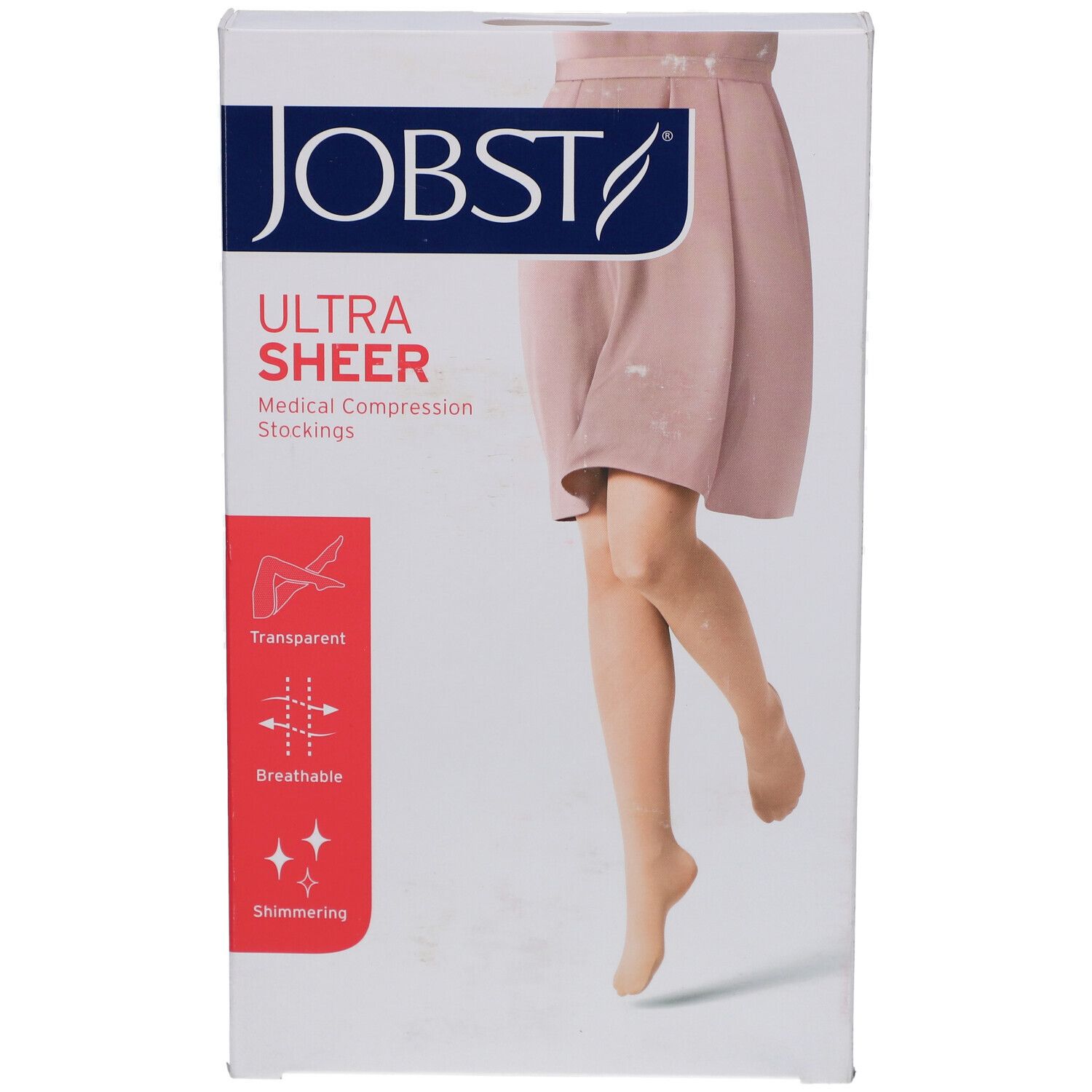 Verpackung JOBST UltraSheer Kompressions-Kniestrümpfe. Produktabbildung: Bein mit Strumpf. Transparent, atmungsaktiv, schimmernd.