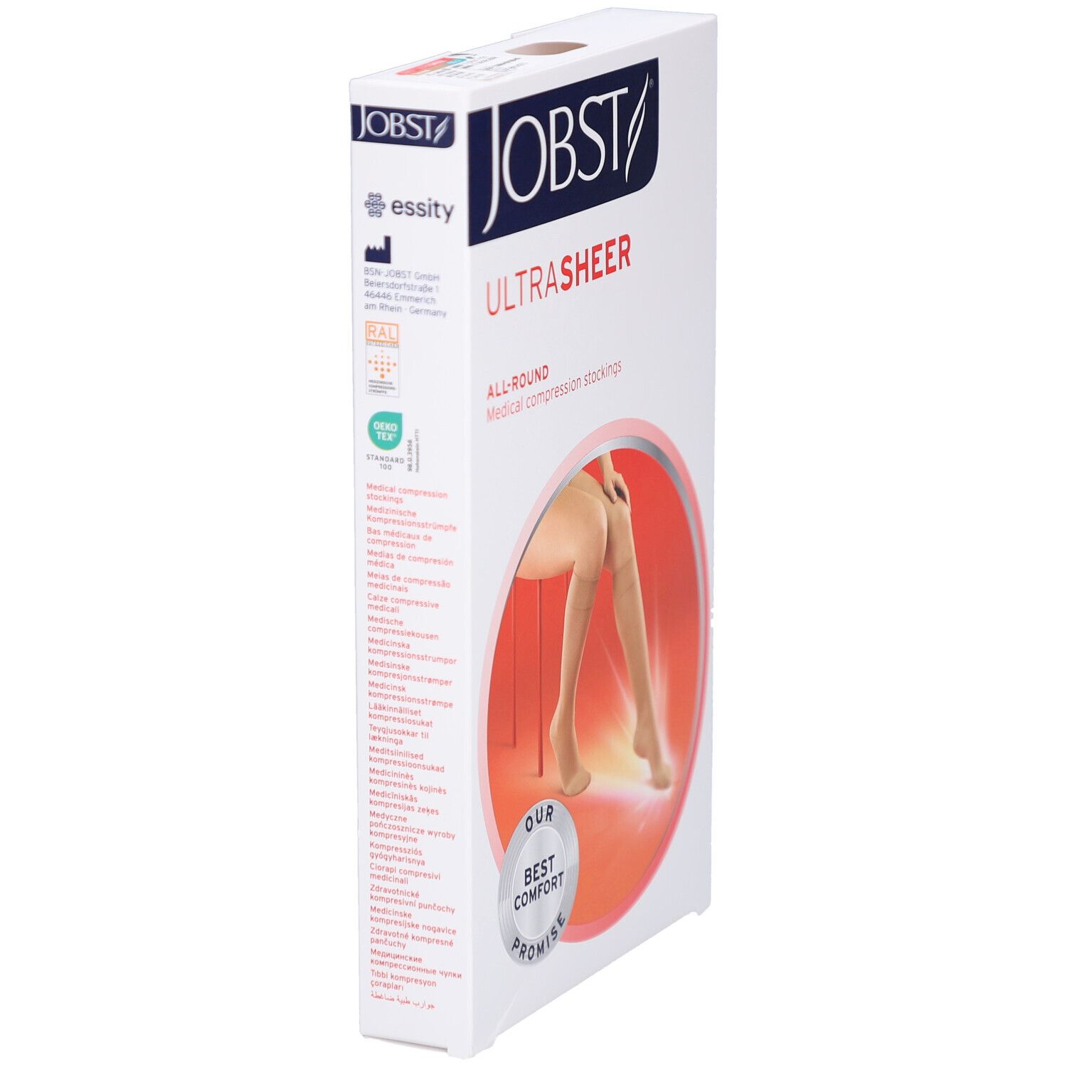JOBST UltraSheer Kompressions-Kniestrümpfe. Verpackung, Seitenansicht. Aufschrift: UltraSheer, ALL-ROUND Medical compression stockings.