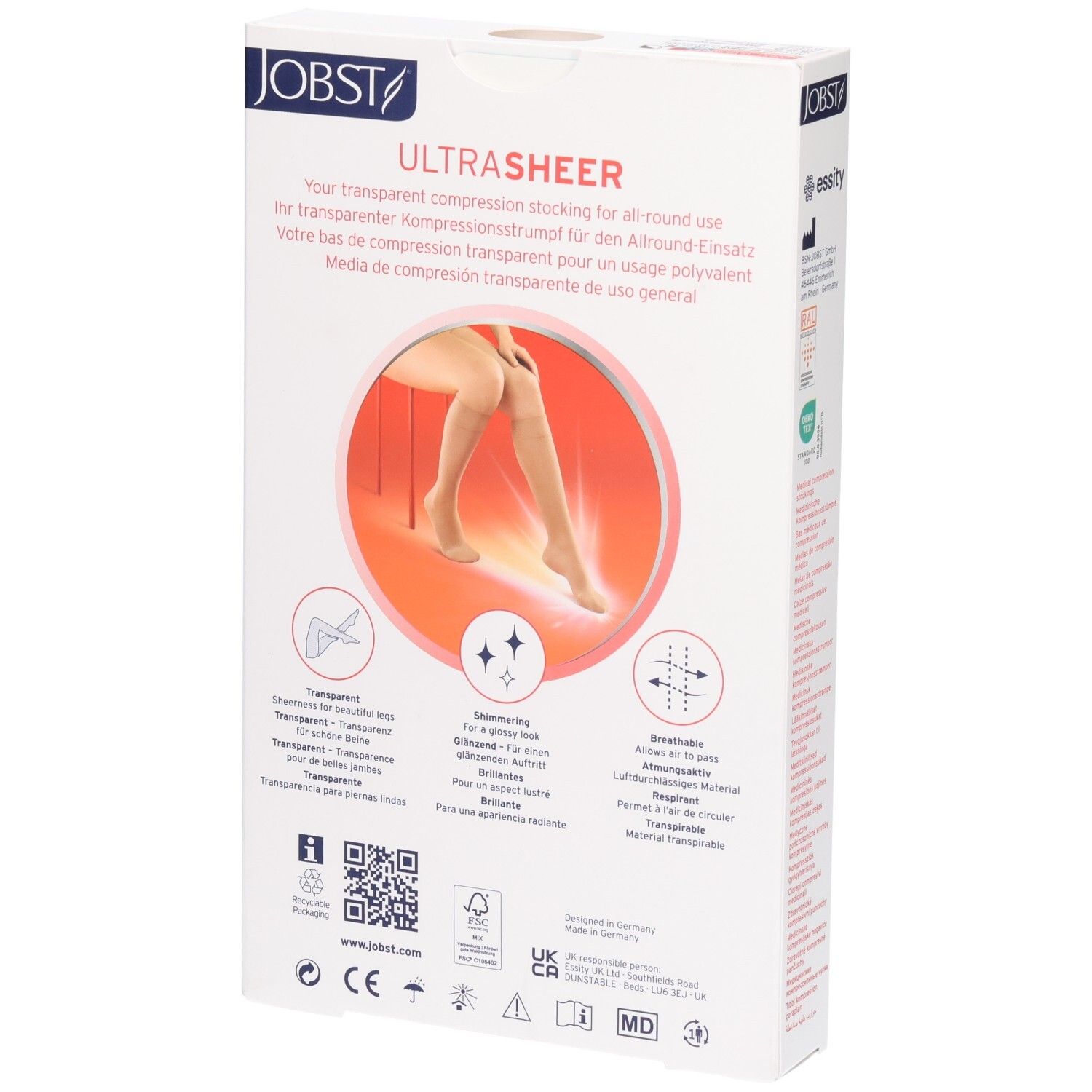 Verpackung für Jobst Ultrasheer Kompressionsstrümpfe mit Abbildung eines Beins.
