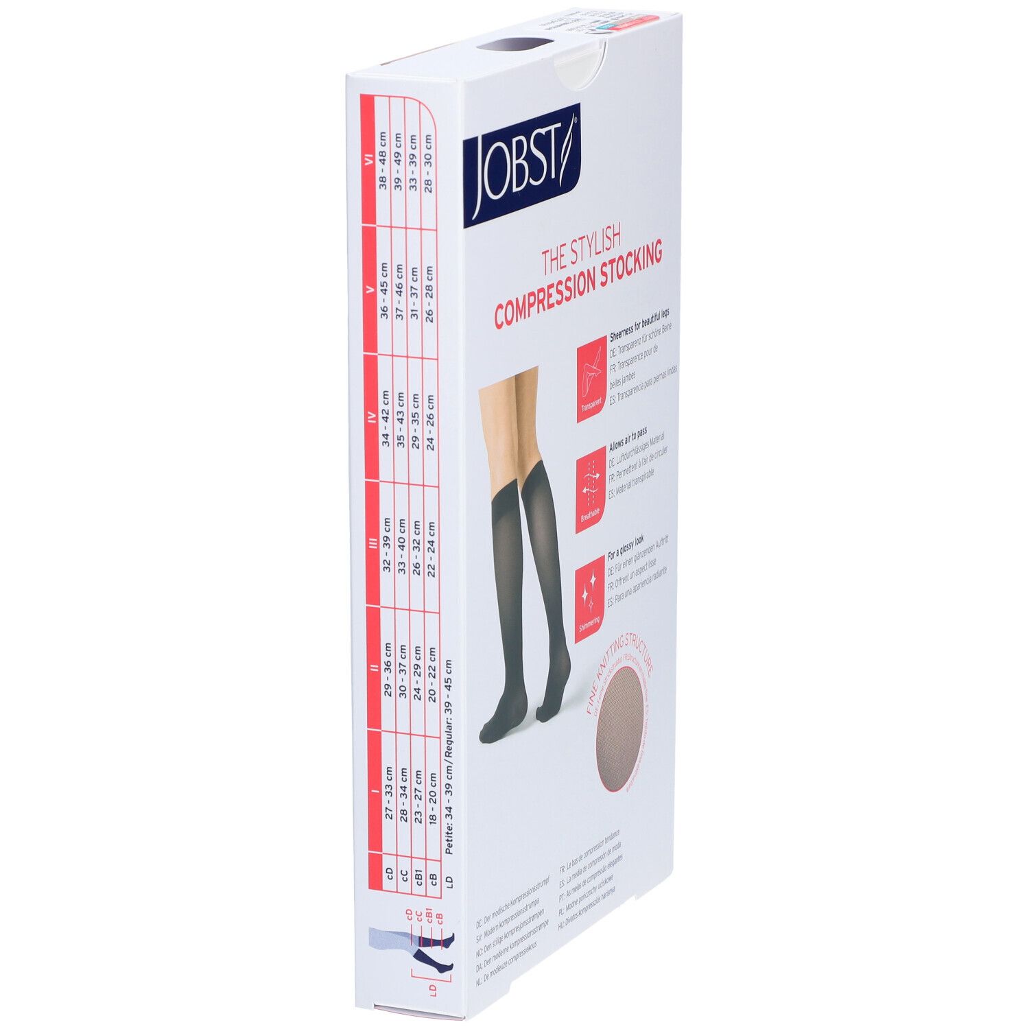 Verpackung JOBST Kompressionsstrümpfe. Schwarz. Größentabelle. Transparent, atmungsaktiv, schimmernd.