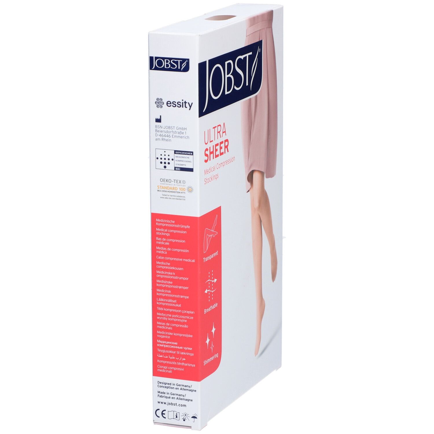 Boîte de bas de compression JOBST Ultrasheer. Côté avec informations produit. Transparent, respirant, scintillant. Marquage CE.