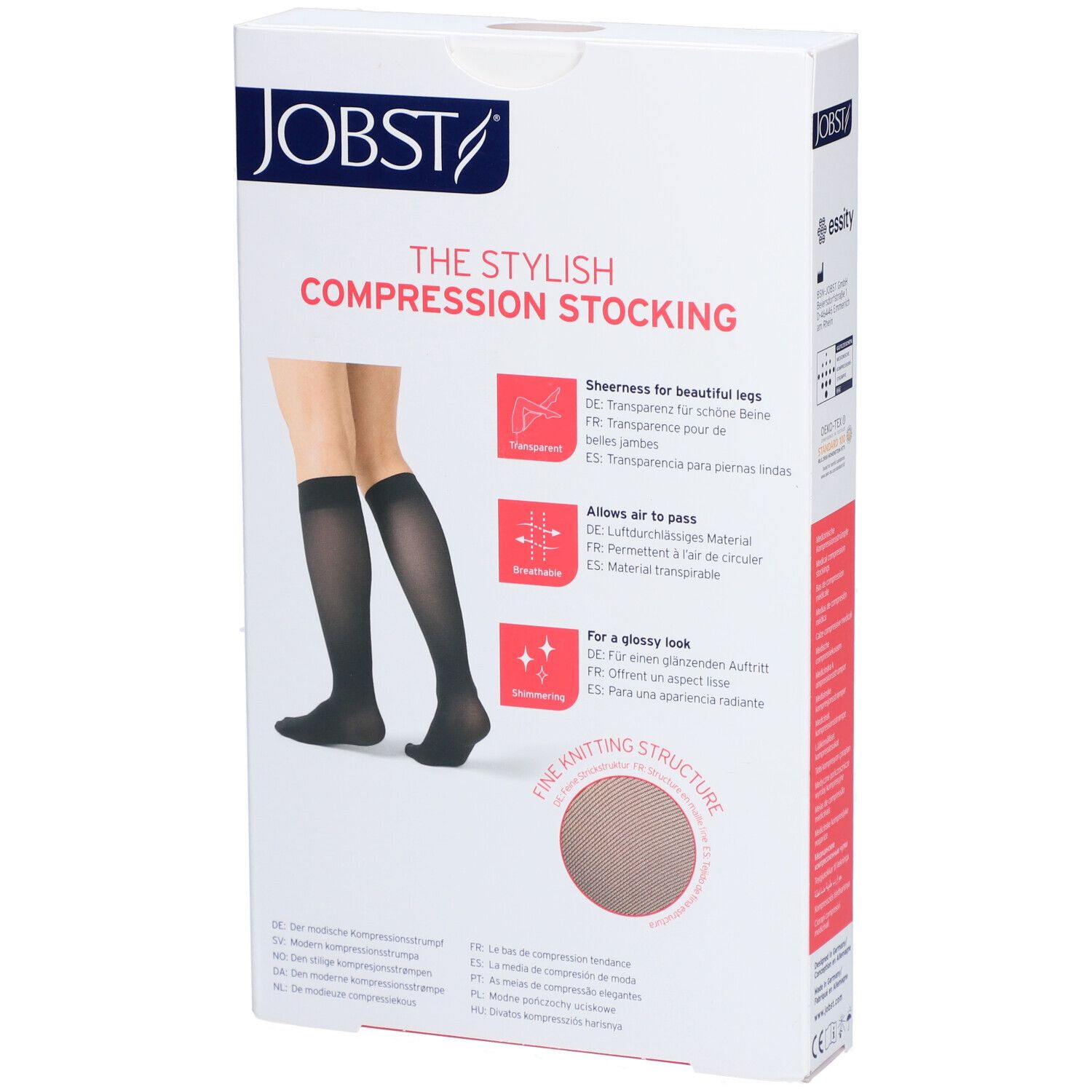 Boîte de bas de compression JOBST. Bas noirs représentés. Transparent, respirant, pour un aspect brillant.