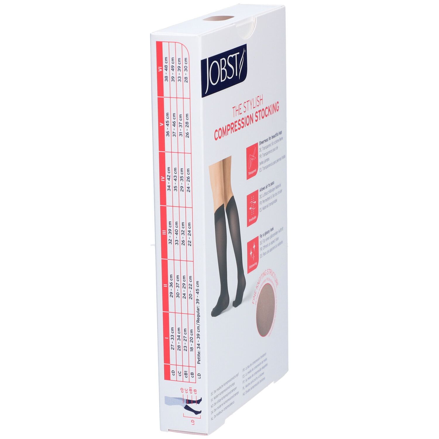 Boîte de bas de compression JOBST. Côté avec tableau des tailles et illustration. Bas noirs. Structure fine.