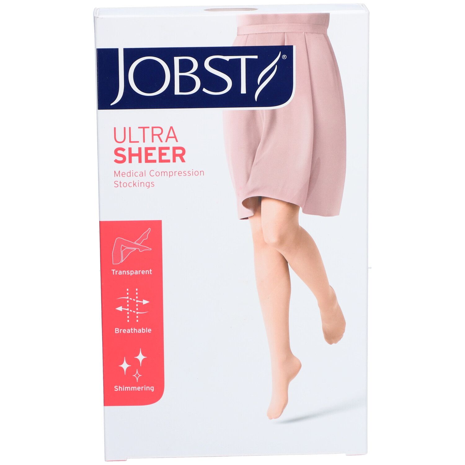 Boîte de bas de compression JOBST Ultrasheer. Image d'une femme portant des bas. Transparent, respirant, scintillant.