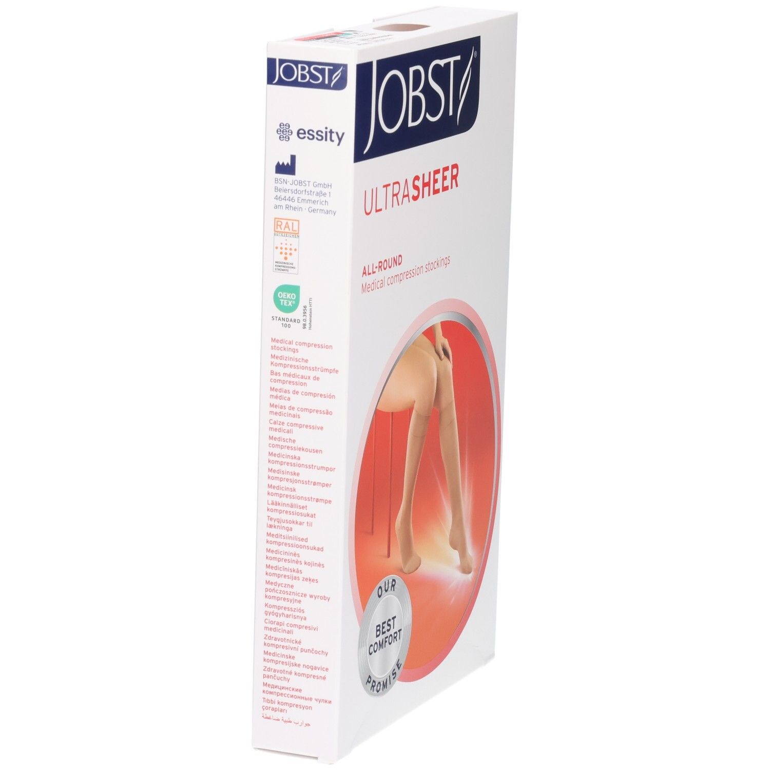 JOBST UltraSheer Kompressions-Kniestrümpfe: Seitenansicht der Verpackung mit Produktinformationen und Siegeln.