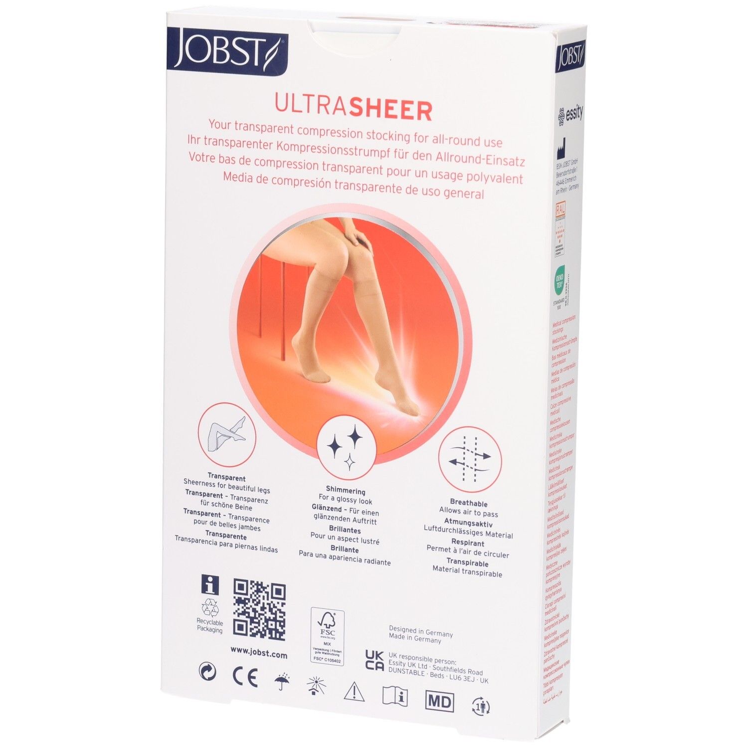 JOBST UltraSheer Kompressions-Kniestrümpfe: Rückseite der Verpackung mit Produktmerkmalen wie Transparenz und Atmungsaktivität.