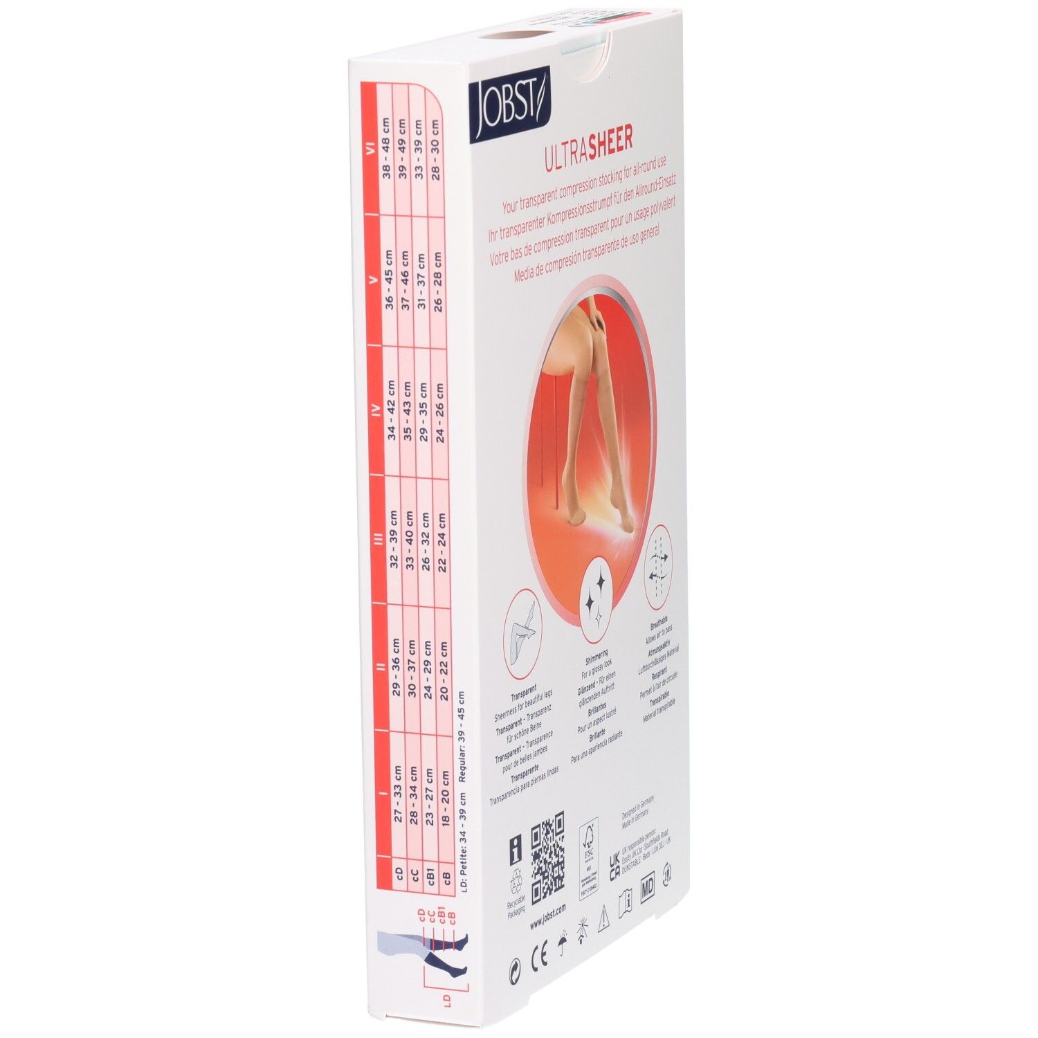 JOBST UltraSheer Kompressions-Kniestrümpfe: Seitenansicht der Verpackung mit Größentabelle und Produktabbildungen.