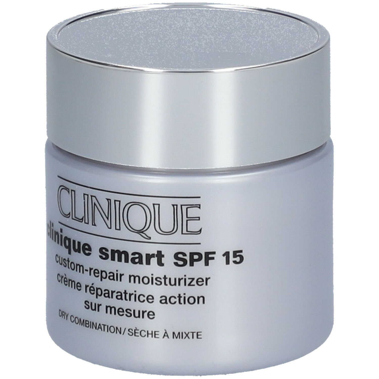 Pot de crème avec couvercle argenté. Inscription: CLINIQUE smart SPF 15 custom-repair moisturizer. Pour peaux sèches à mixtes.