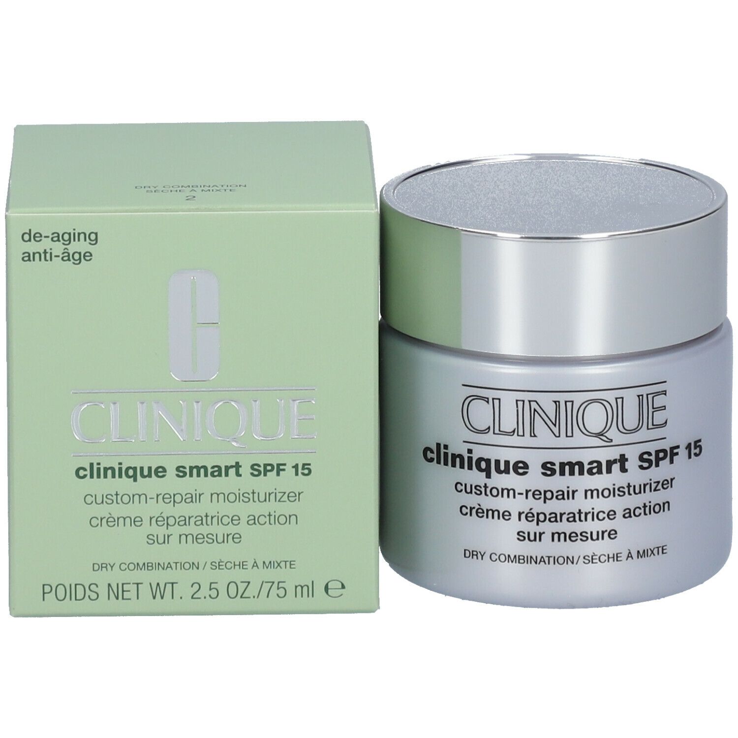 Pot de crème et boîte. Inscription: CLINIQUE smart SPF 15 custom-repair moisturizer. Pour peaux sèches à mixtes. 75 ml.