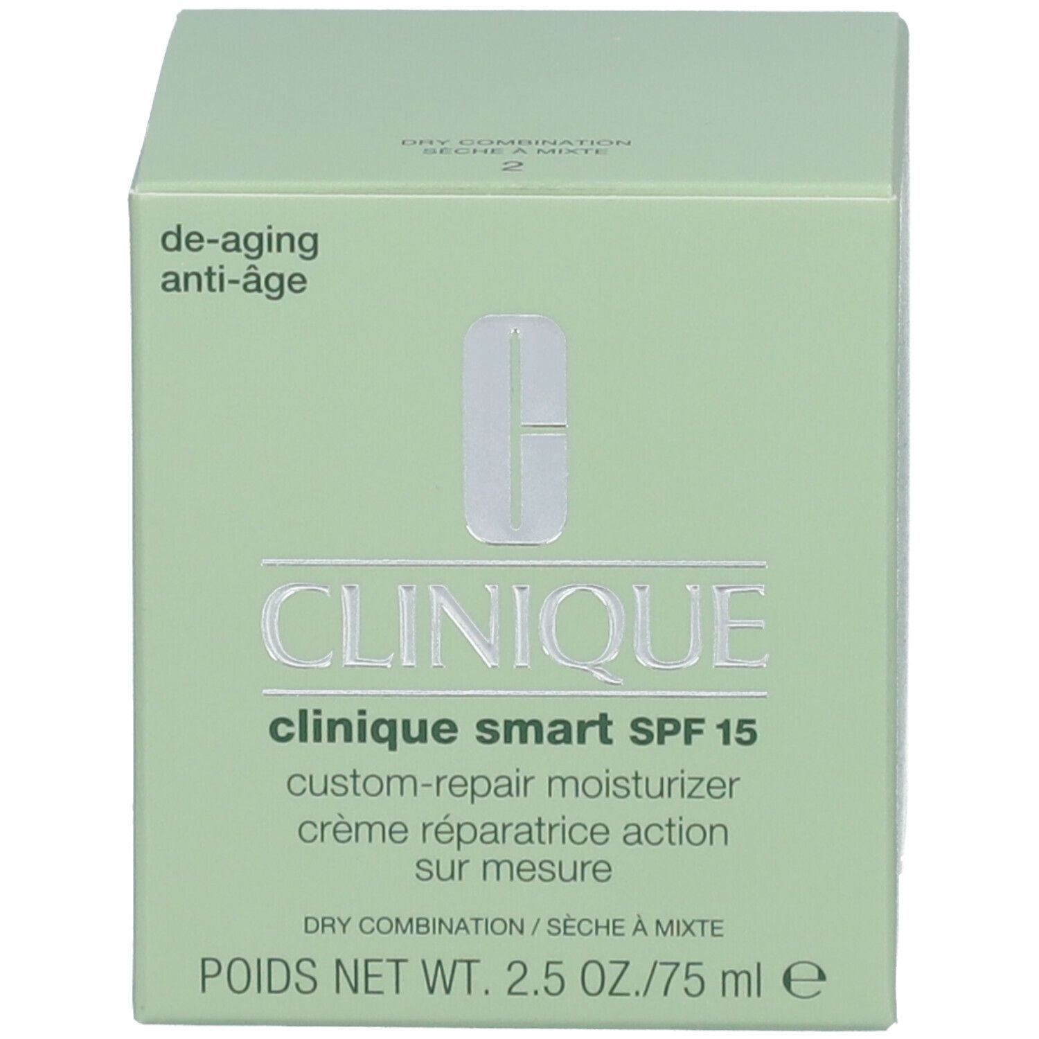 Boîte verte. Inscription: CLINIQUE smart SPF 15 custom-repair moisturizer. Pour peaux sèches à mixtes. 75 ml.