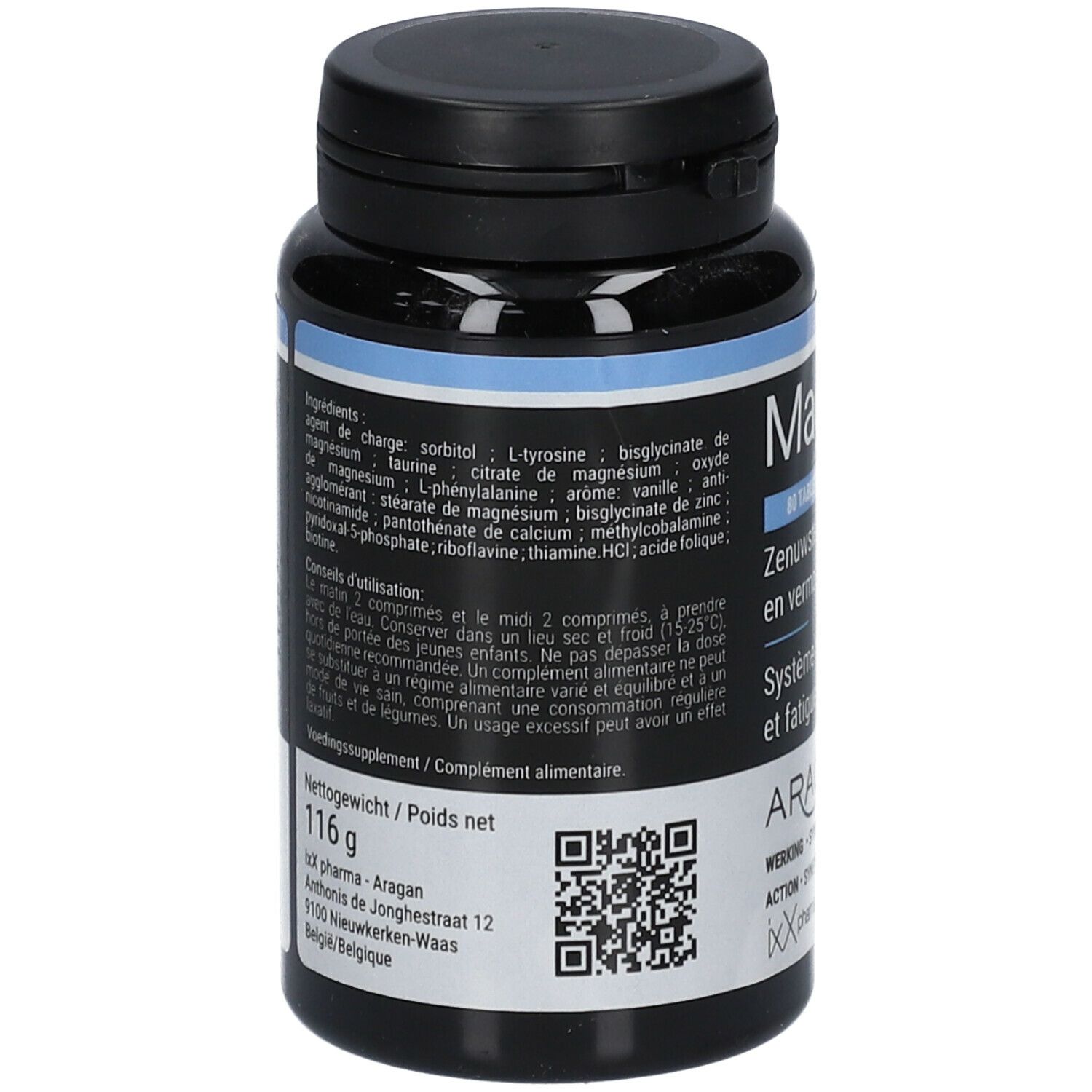 Flacon noir de comprimés. Inscription: MagnixX Plus. Liste des ingrédients et code QR sur l'étiquette.