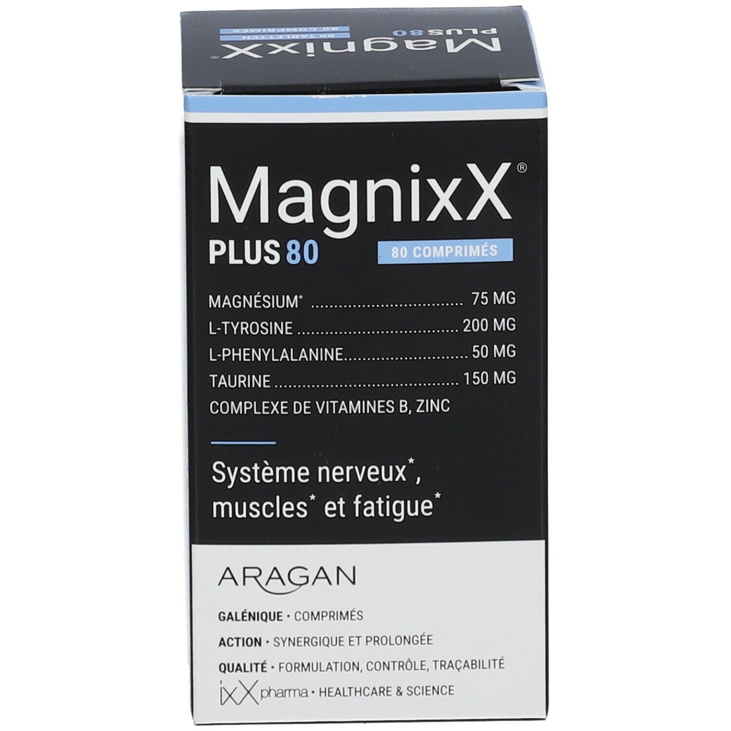 Boîte de comprimés. Inscription: MagnixX Plus 80 comprimés. Ingrédients et texte en français.