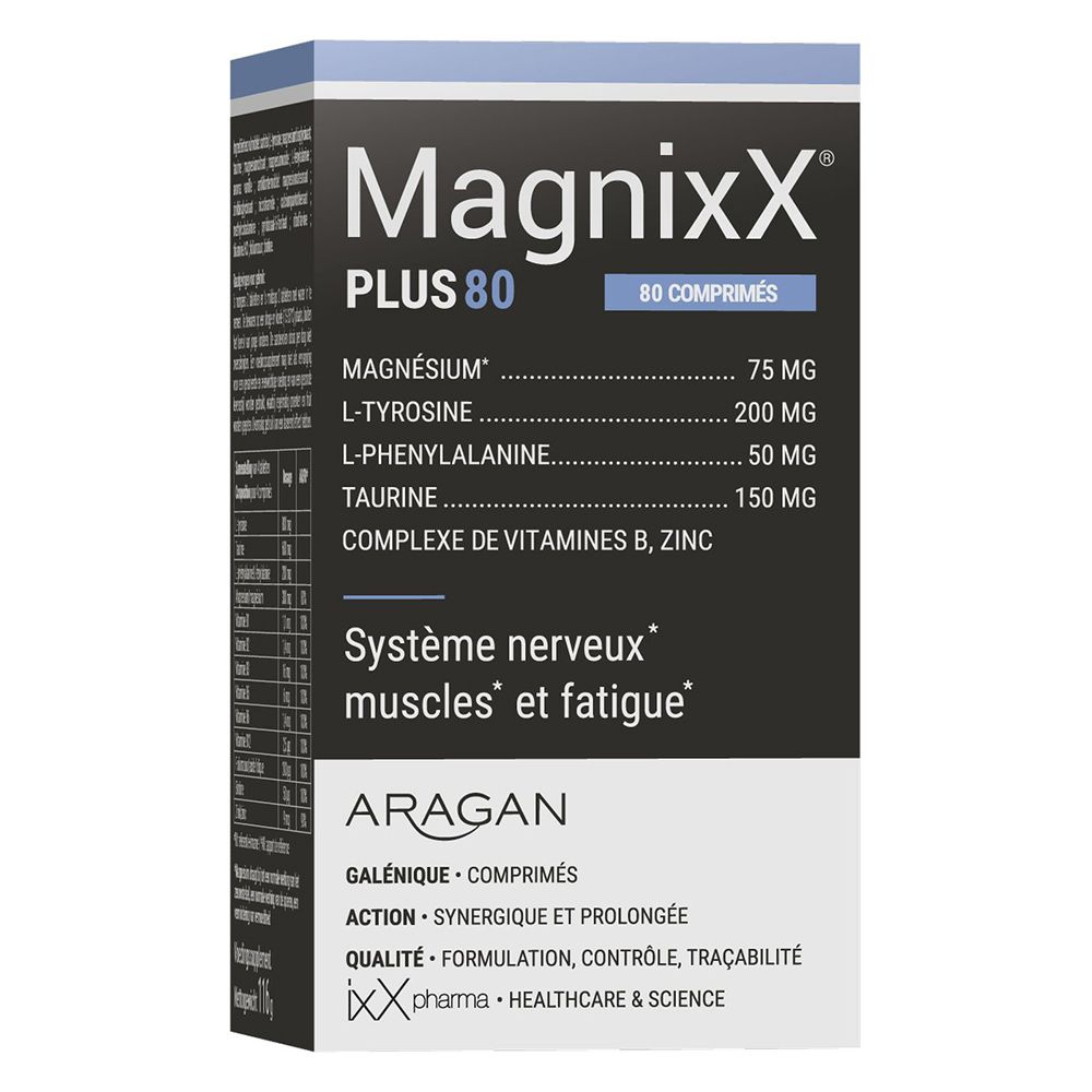Boîte de comprimés. Inscription: MagnixX Plus 80 comprimés. Ingrédients et texte en français.