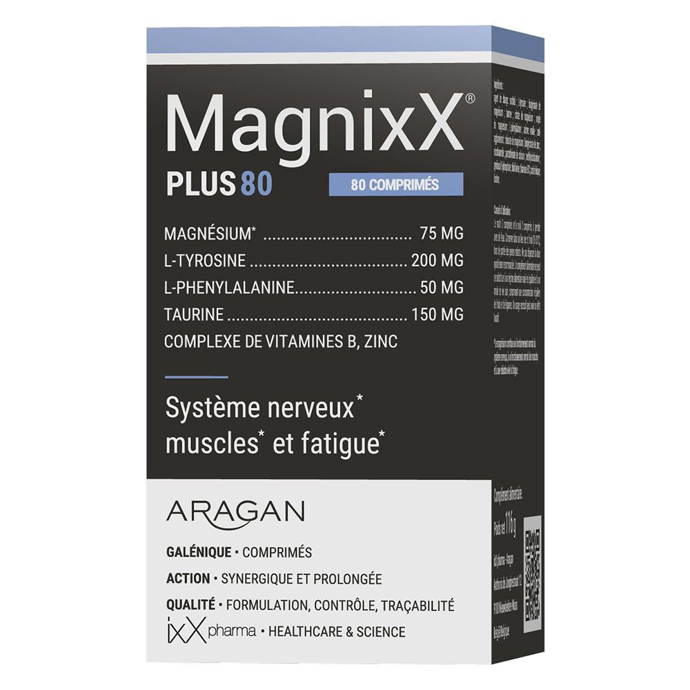 Boîte de comprimés. Inscription: MagnixX Plus 80 comprimés. Ingrédients et texte en français.