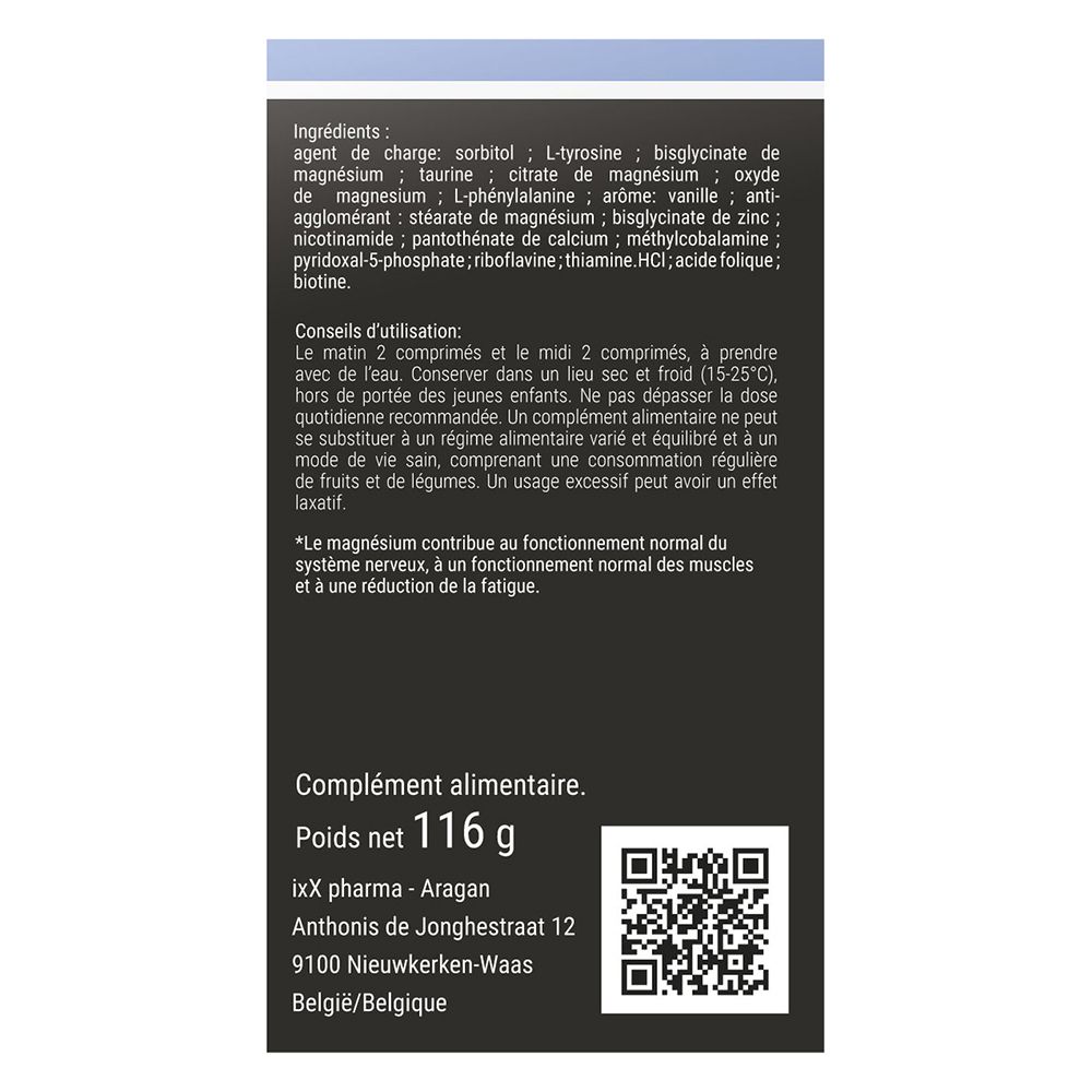Boîte de comprimés. Inscription: MagnixX Plus 80 comprimés. Ingrédients et texte en français.