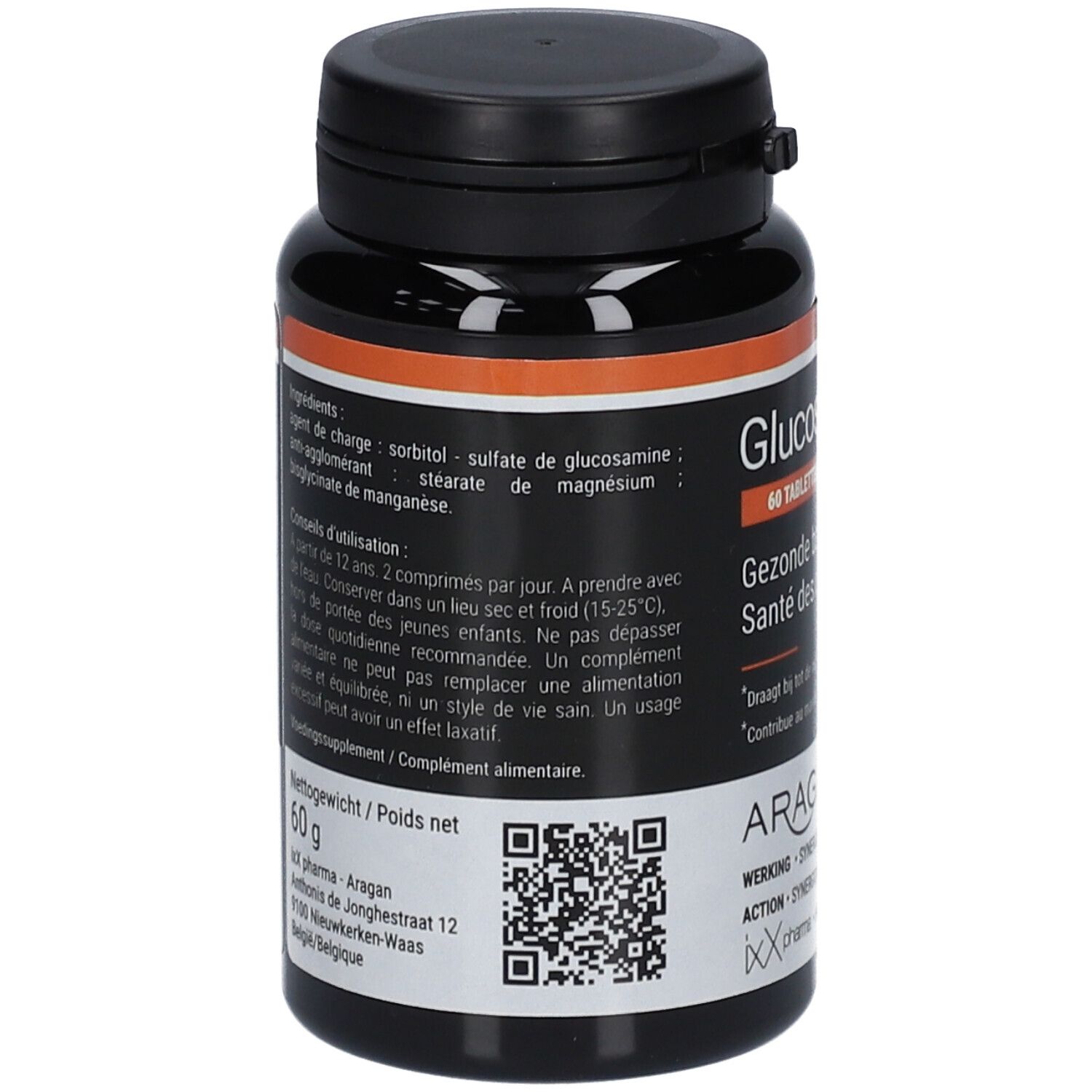 Rückseite der Tablettenflasche. Zutatenliste, Anwendungshinweise. Marke ARAGAN. QR-Code.