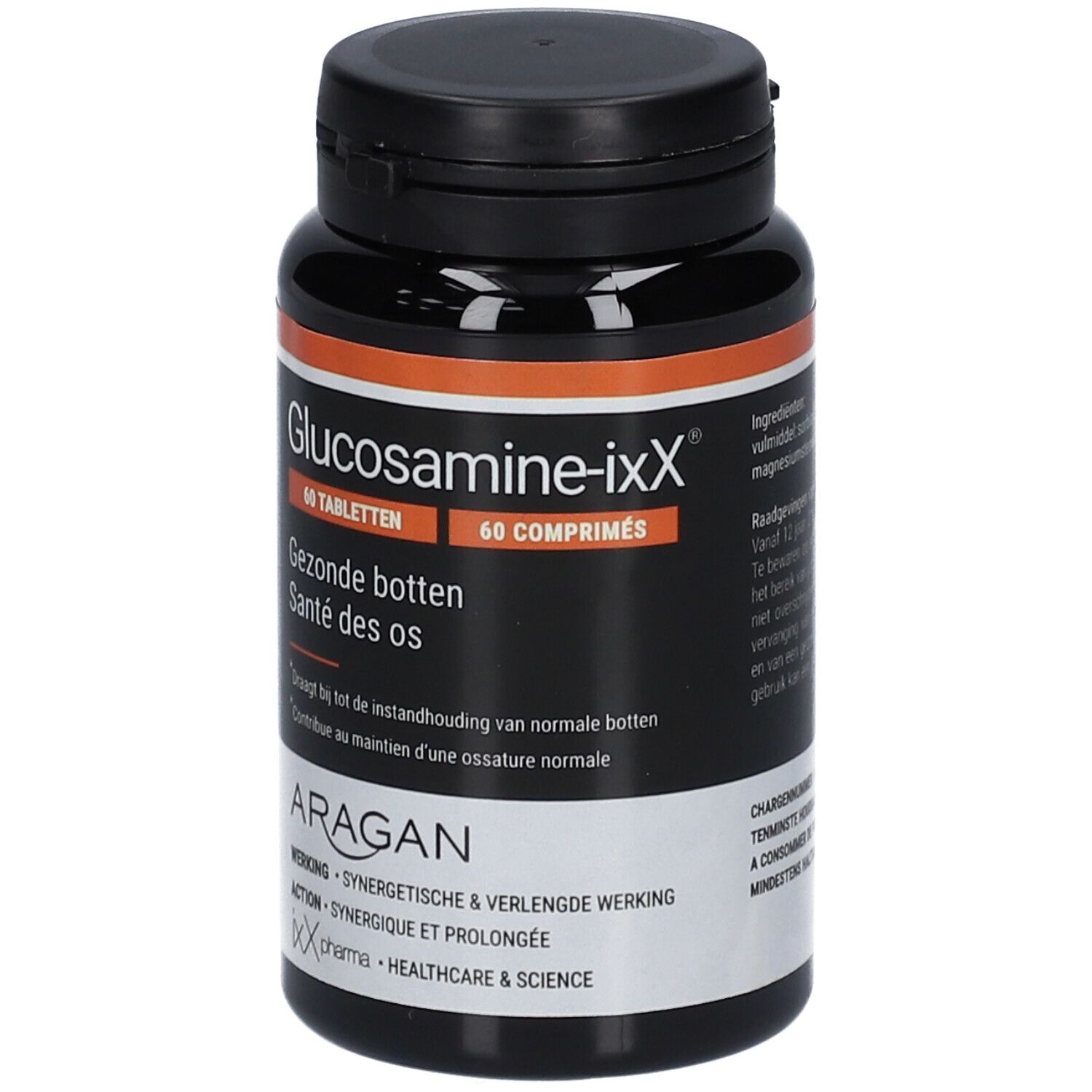 Schwarze Flasche mit Tabletten. Aufschrift: Glucosamine-ixX®, 60 Tabletten. Orangefarbener Streifen. Marke ARAGAN.