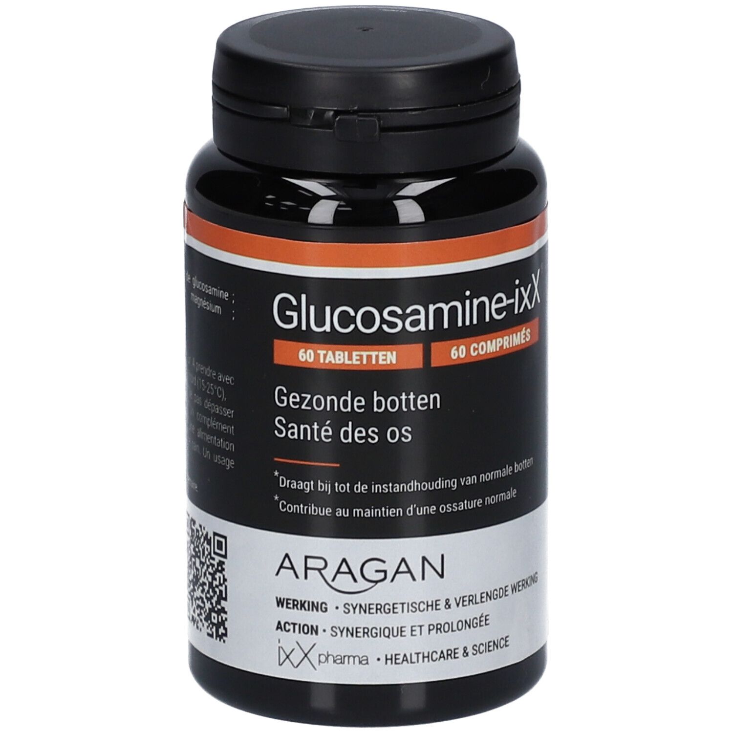 Schwarze Flasche mit Tabletten. Aufschrift: Glucosamine-ixX®, 60 Tabletten. Orangefarbener Streifen. Marke ARAGAN.