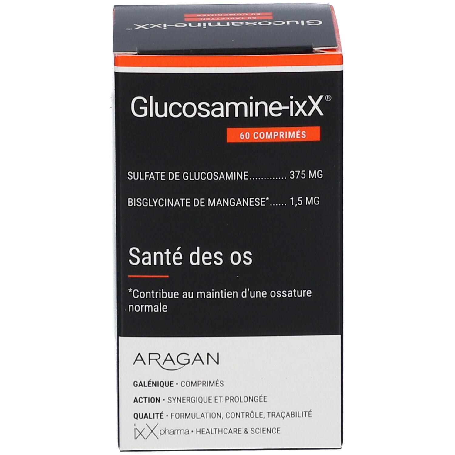 Schachtel mit Tabletten. Aufschrift: Glucosamine-ixX®, 60 Tabletten. Marke ARAGAN.