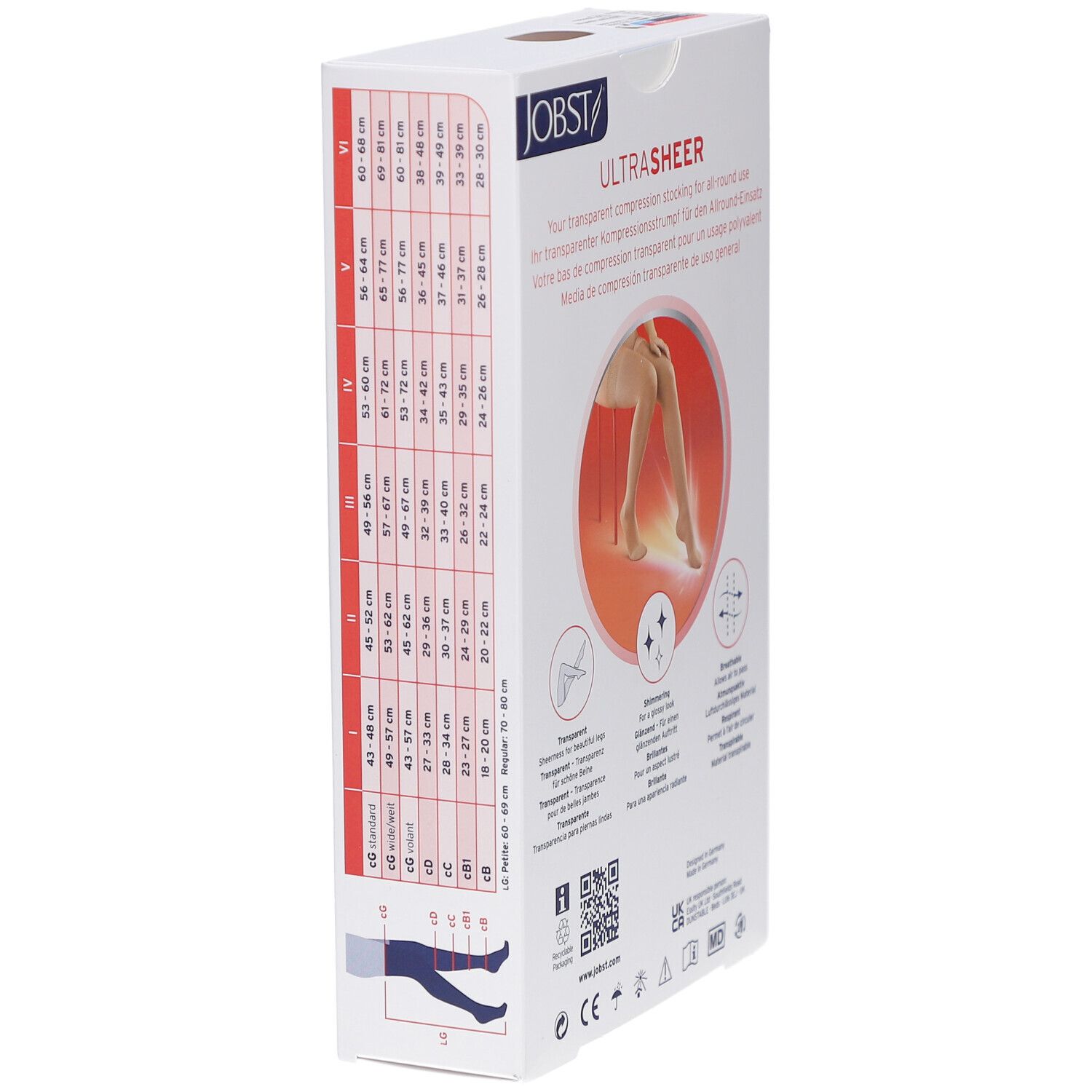 Seite der Verpackung von JOBST UltraSheer. Aufdruck: JOBST, UltraSheer. Größentabelle und Produktmerkmale. Logos und Zertifizierungen.