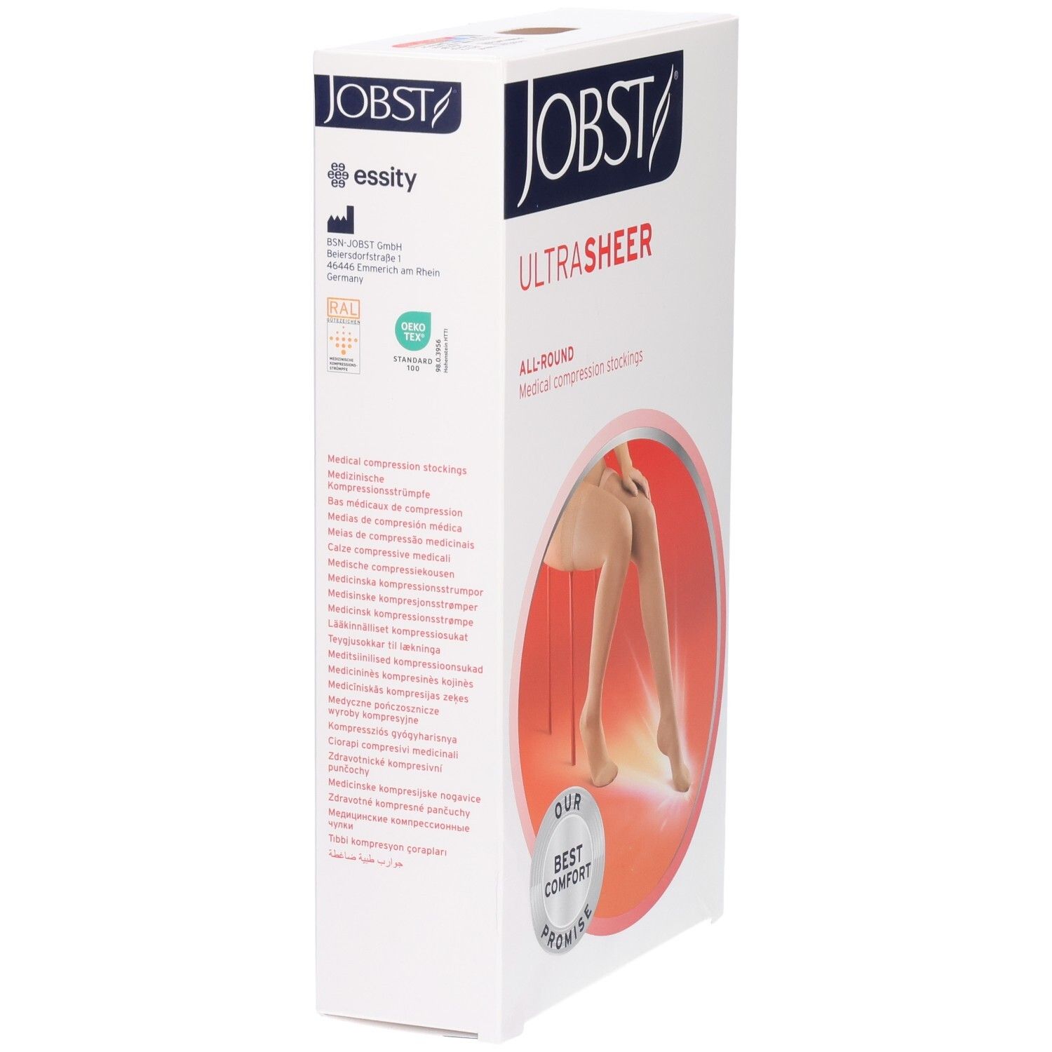 Verpackung von JOBST UltraSheer Kompressions-Schenkelstrümpfen. Aufdruck: JOBST, UltraSheer, All-Round, medizinische Kompressionsstrümpfe. Logo: essity.