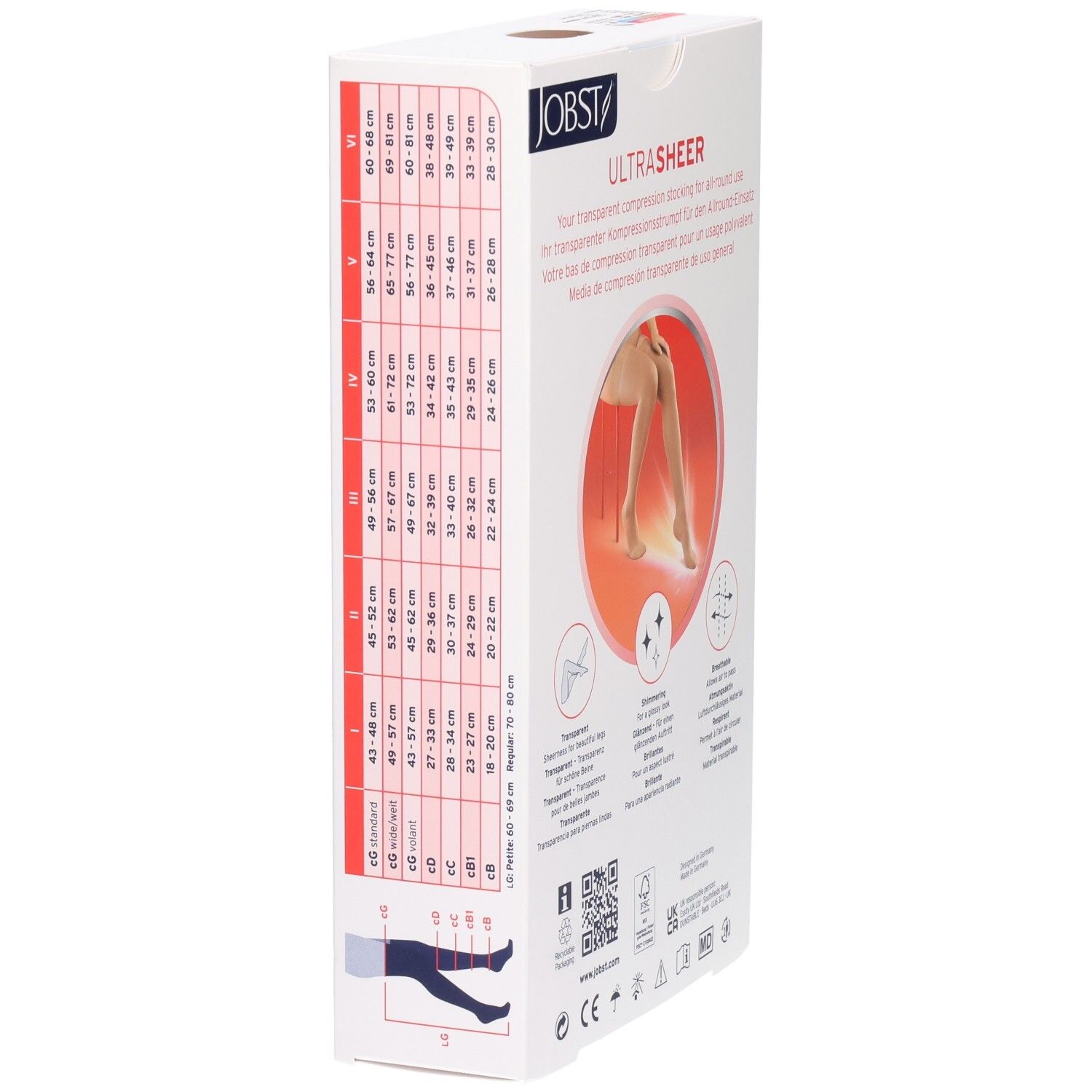 Verpackung von JOBST UltraSheer Kompressions-Schenkelstrümpfen. Seite mit Größentabelle. Text: JOBST, UltraSheer, All-Round, medizinische Kompressionsstrümpfe.