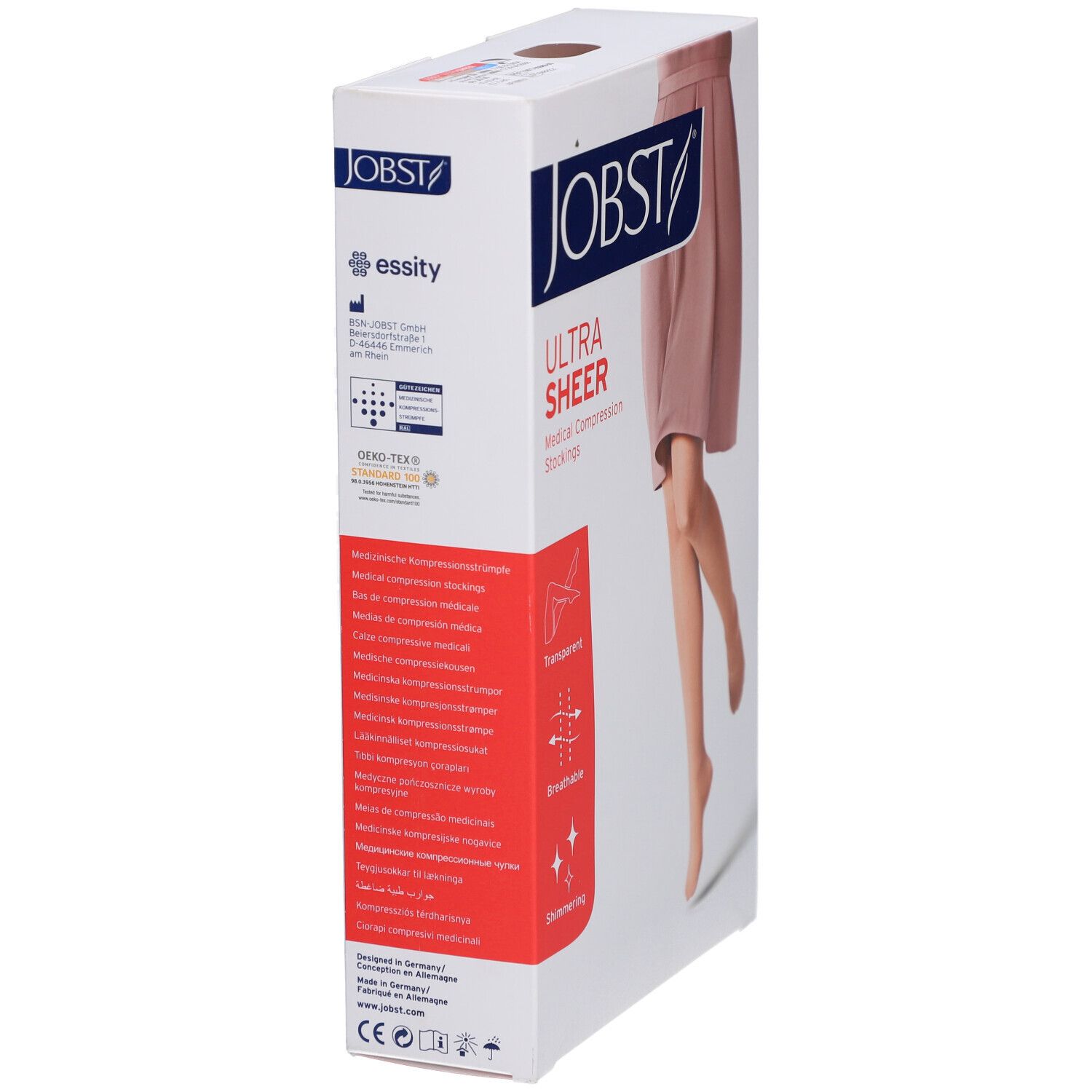 Verpackung JOBST Ultrasheer Kompressionsstrümpfe. Eigenschaften: transparent, atmungsaktiv, schimmernd. Text: essity, CE-Zeichen.