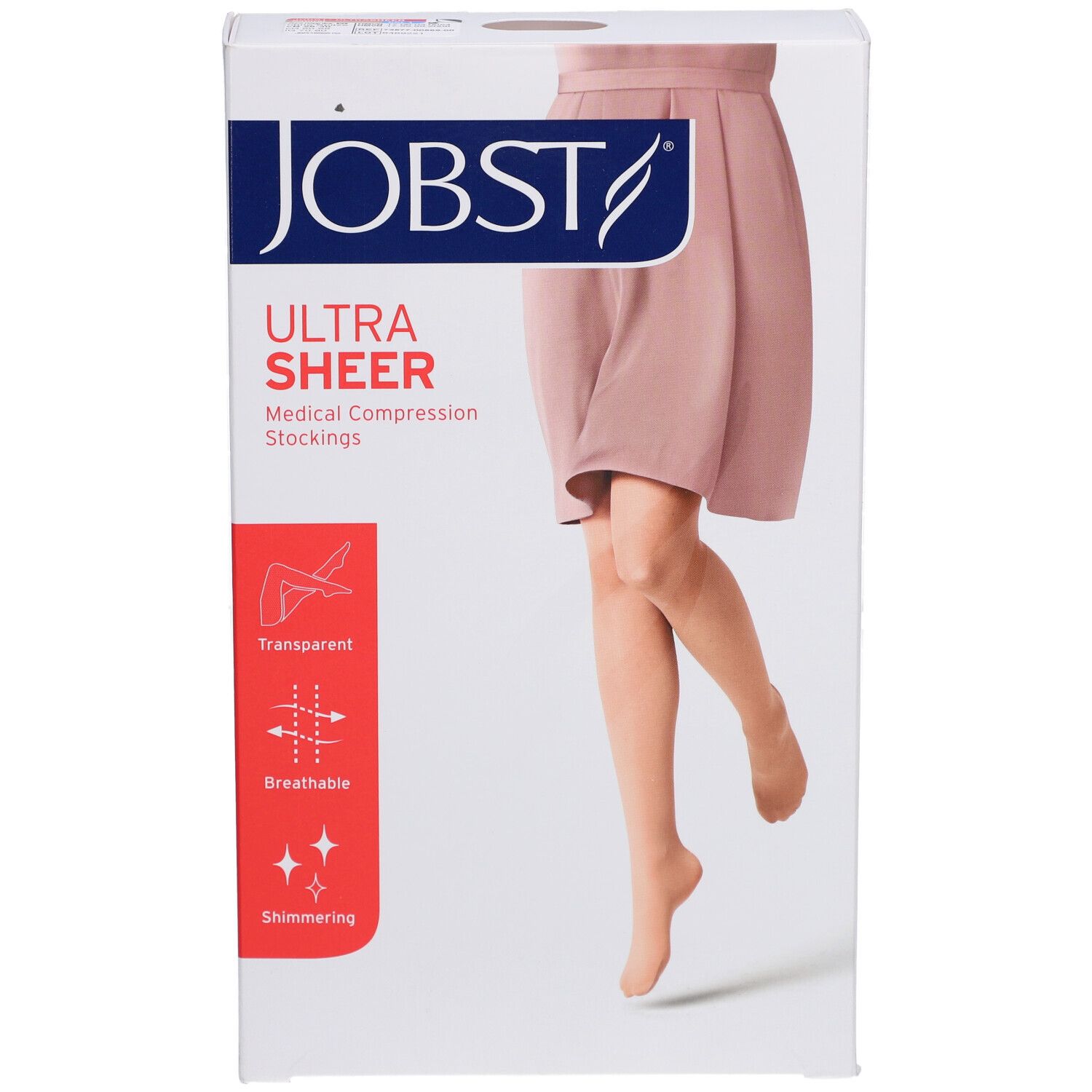 Verpackung JOBST Ultrasheer Kompressionsstrümpfe. Eigenschaften: transparent, atmungsaktiv, schimmernd. Abgebildet: Bein mit Strumpf.