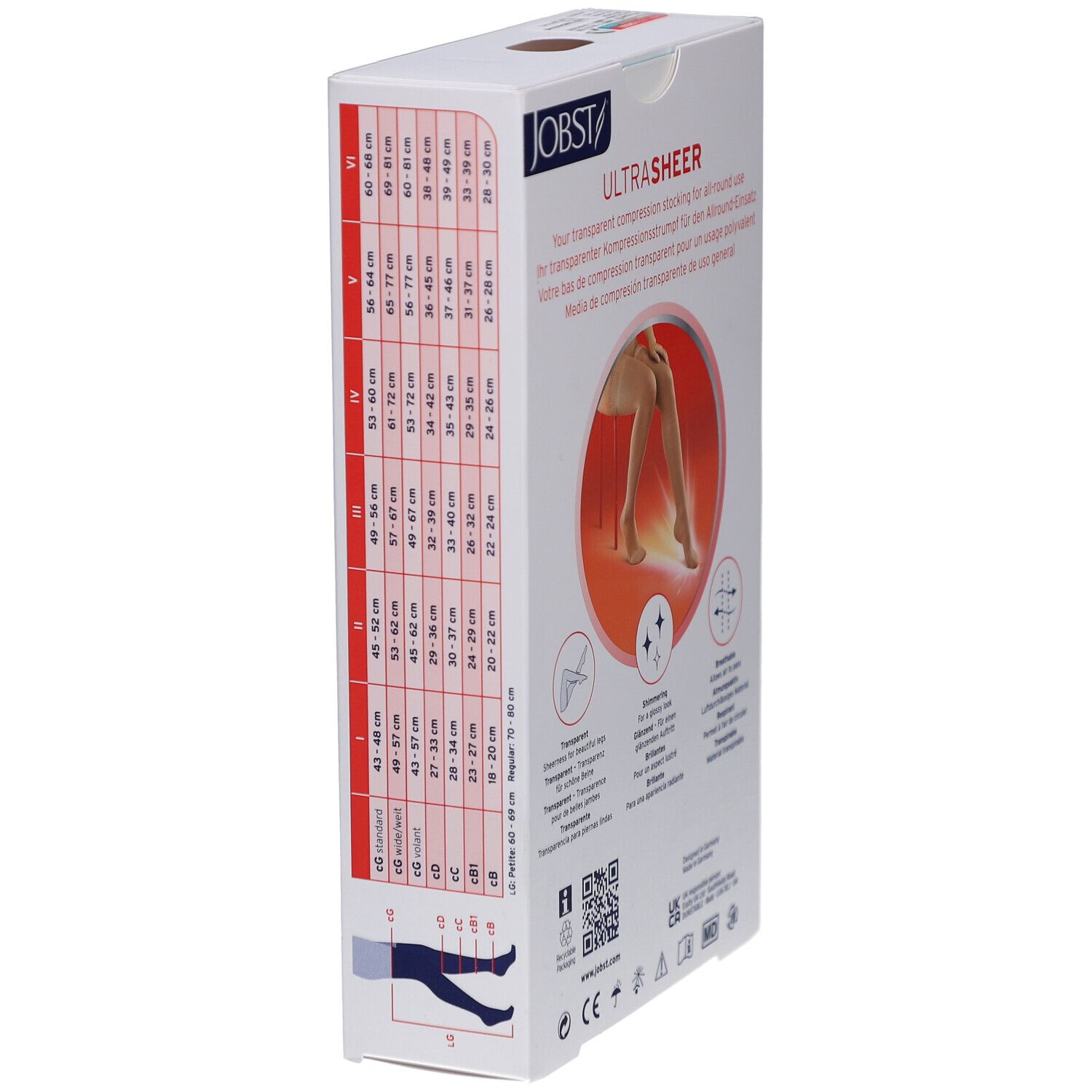 Seite der Verpackung JOBST UltraSheer. Größentabelle und Illustration eines Beines mit Strumpf. Weitere Informationen.