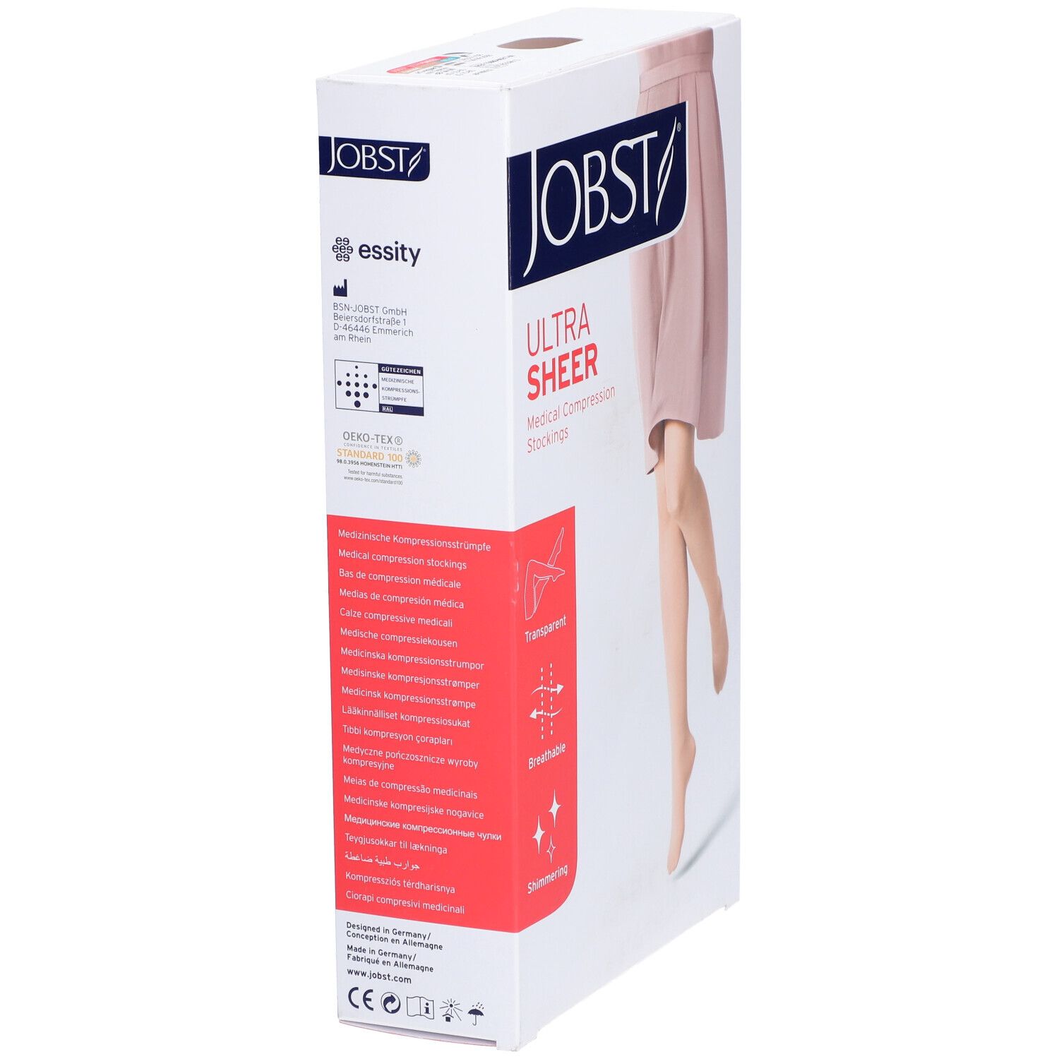 Verpackung JOBST Ultrasheer. Medizinische Kompressionsstrümpfe. Eigenschaften: transparent, atmungsaktiv, schimmernd. Mit Zertifizierungen.
