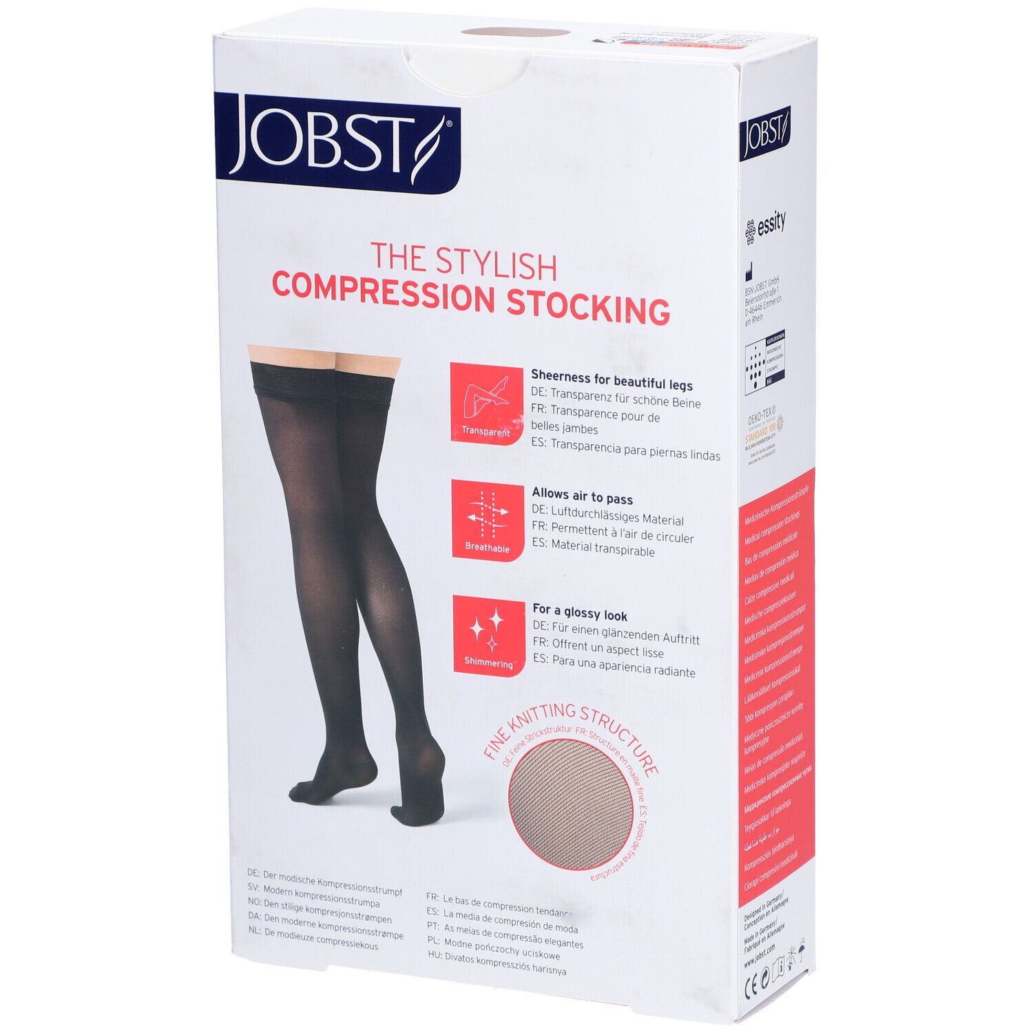 Verpackung JOBST. Kompressionsstrumpf. Eigenschaften: transparent, atmungsaktiv, glänzend. Feine Strickstruktur. Schwarze Strümpfe.