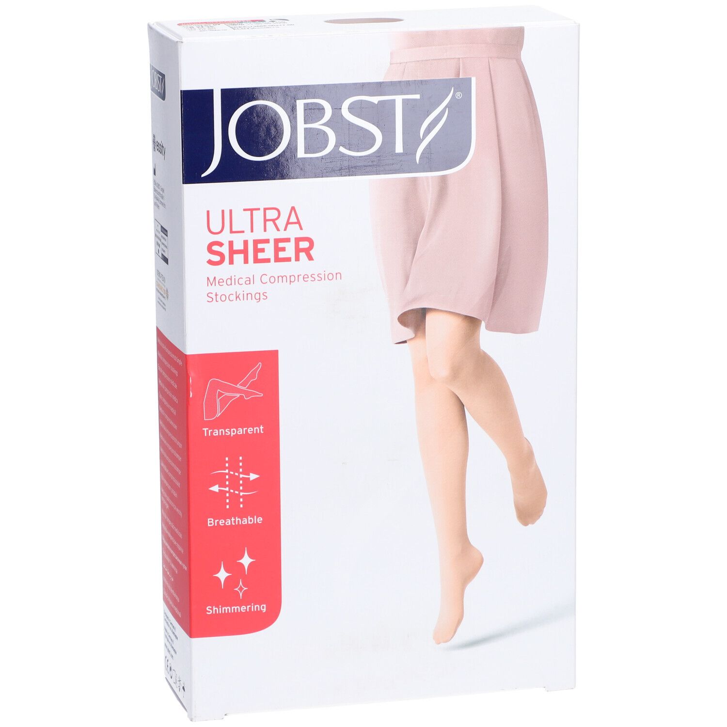 Verpackung JOBST Ultrasheer. Medizinische Kompressionsstrümpfe. Eigenschaften: transparent, atmungsaktiv, schimmernd. Farbe: Caramel.