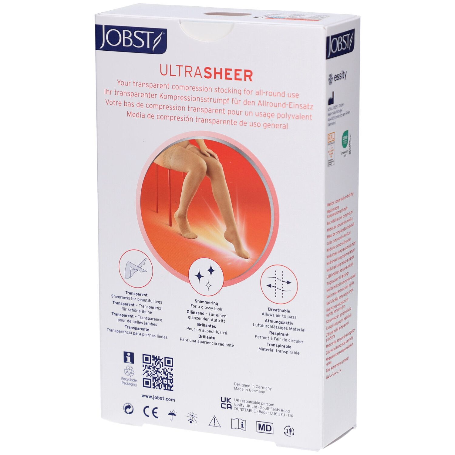 Rückseite der Verpackung JOBST UltraSheer. Text: transparente Kompressionsstrümpfe. Logos: CE, MD. Abbildungen: Bein, Sterne, atmungsaktiv.